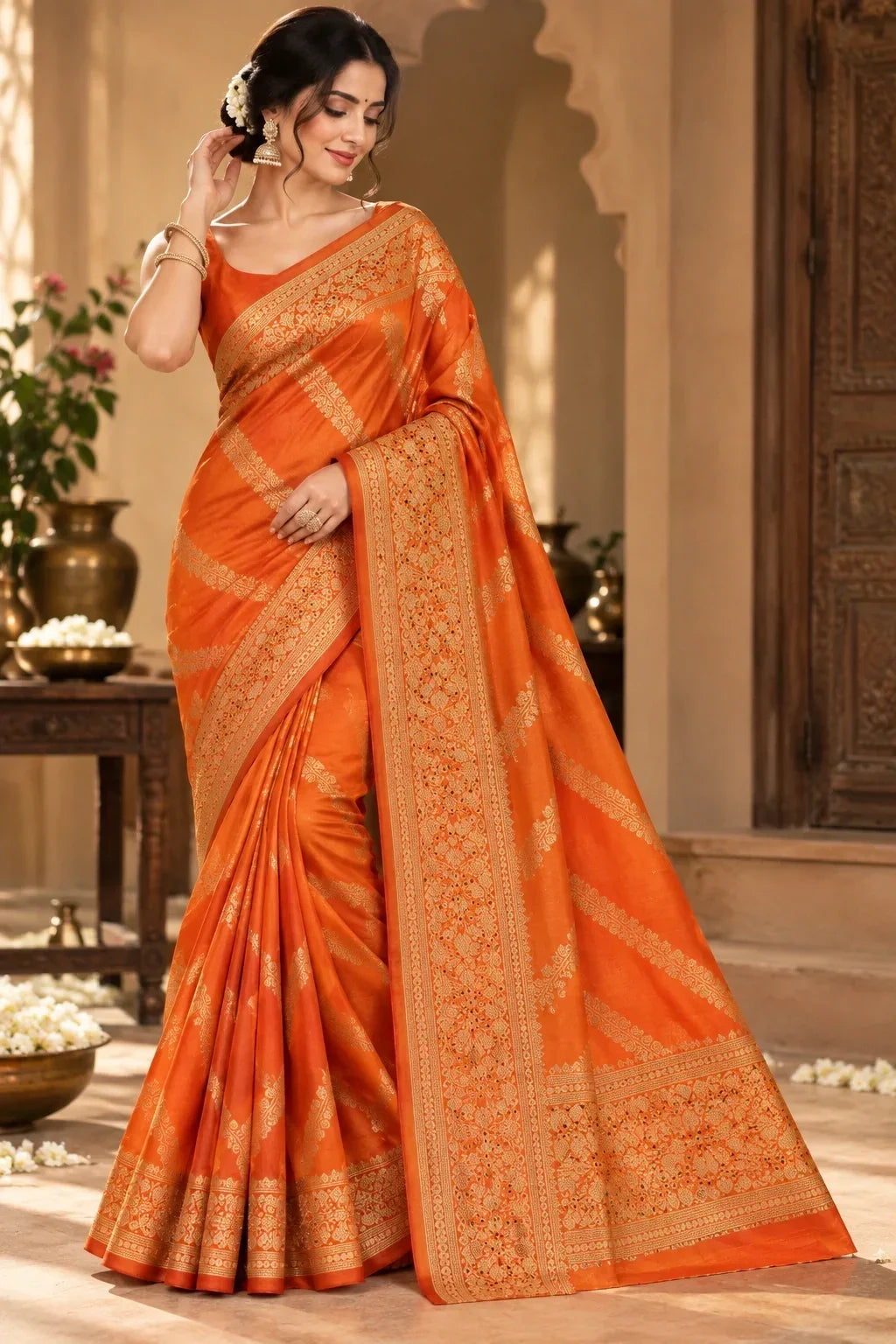 Orange silk saree with traditional zari detailing, shown from the front.