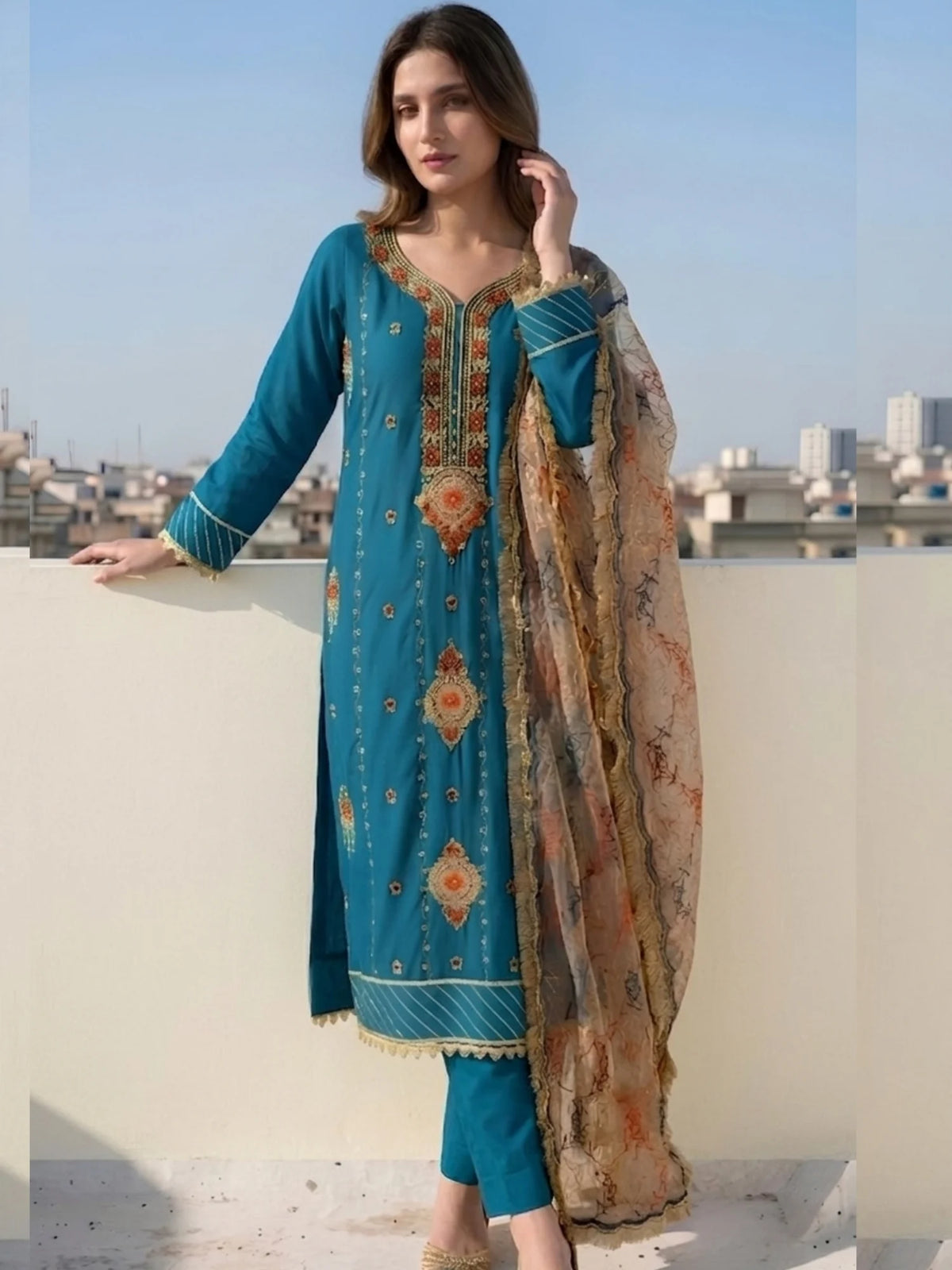 Teal Blue Silk Embroidered Ethnic Suit Set
