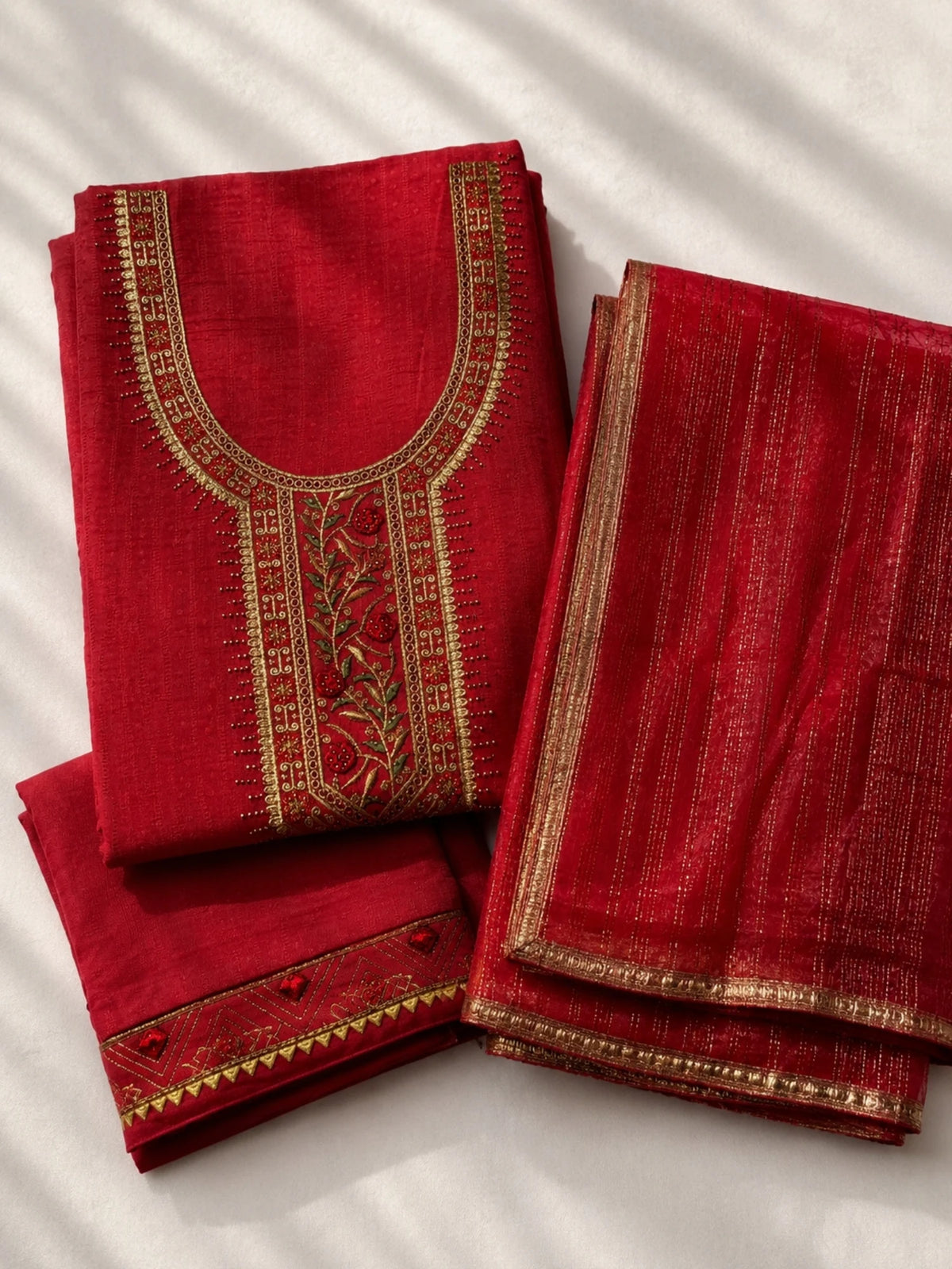 Red Satin Embroidered Kurta Set