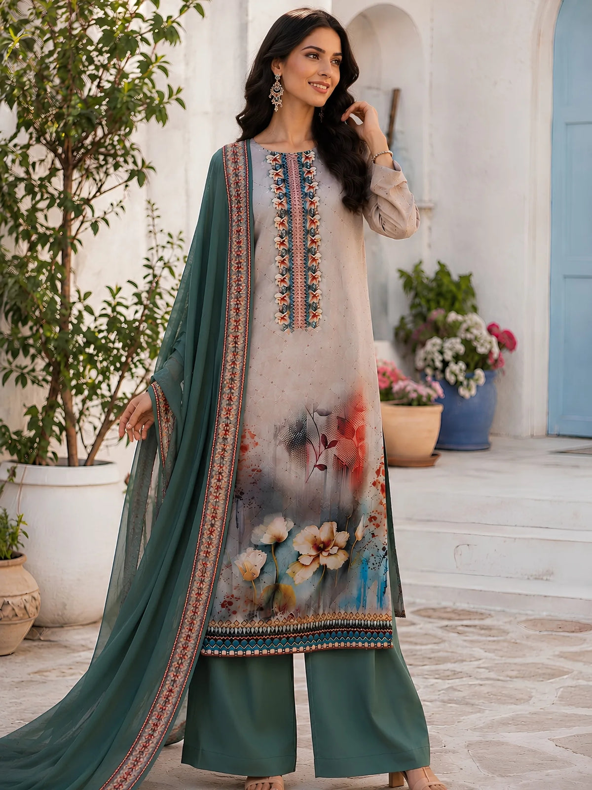 Bottle Green Georgette Embroidered Kurta Set