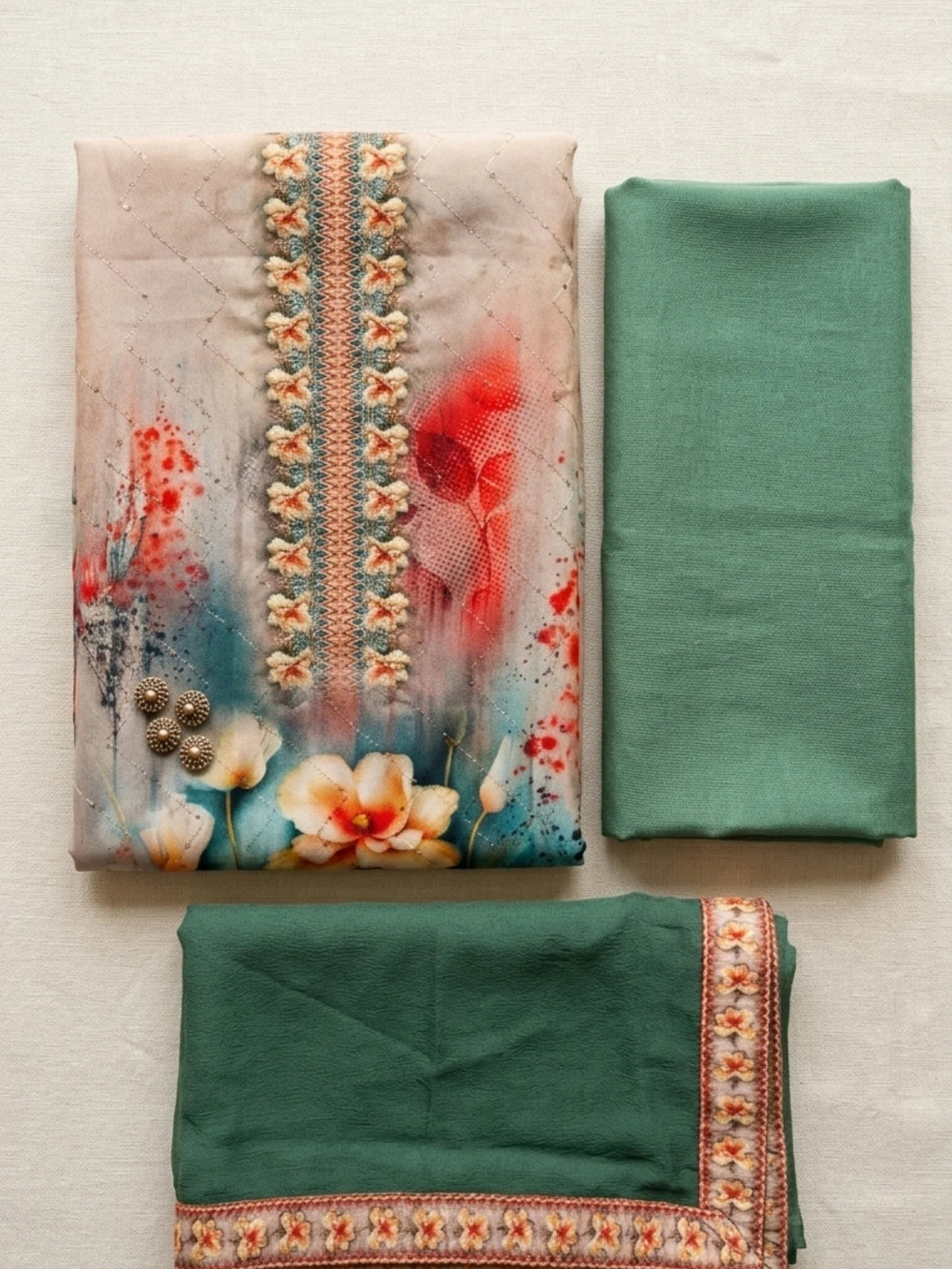 Bottle Green Georgette Embroidered Kurta Set