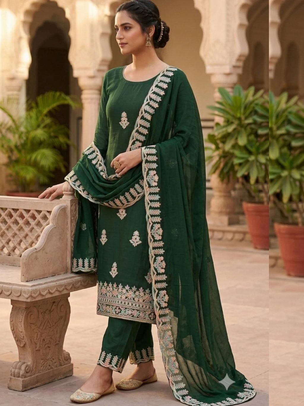 Dark Green Cotton Embroidered Traditional Ethnic Suit Set