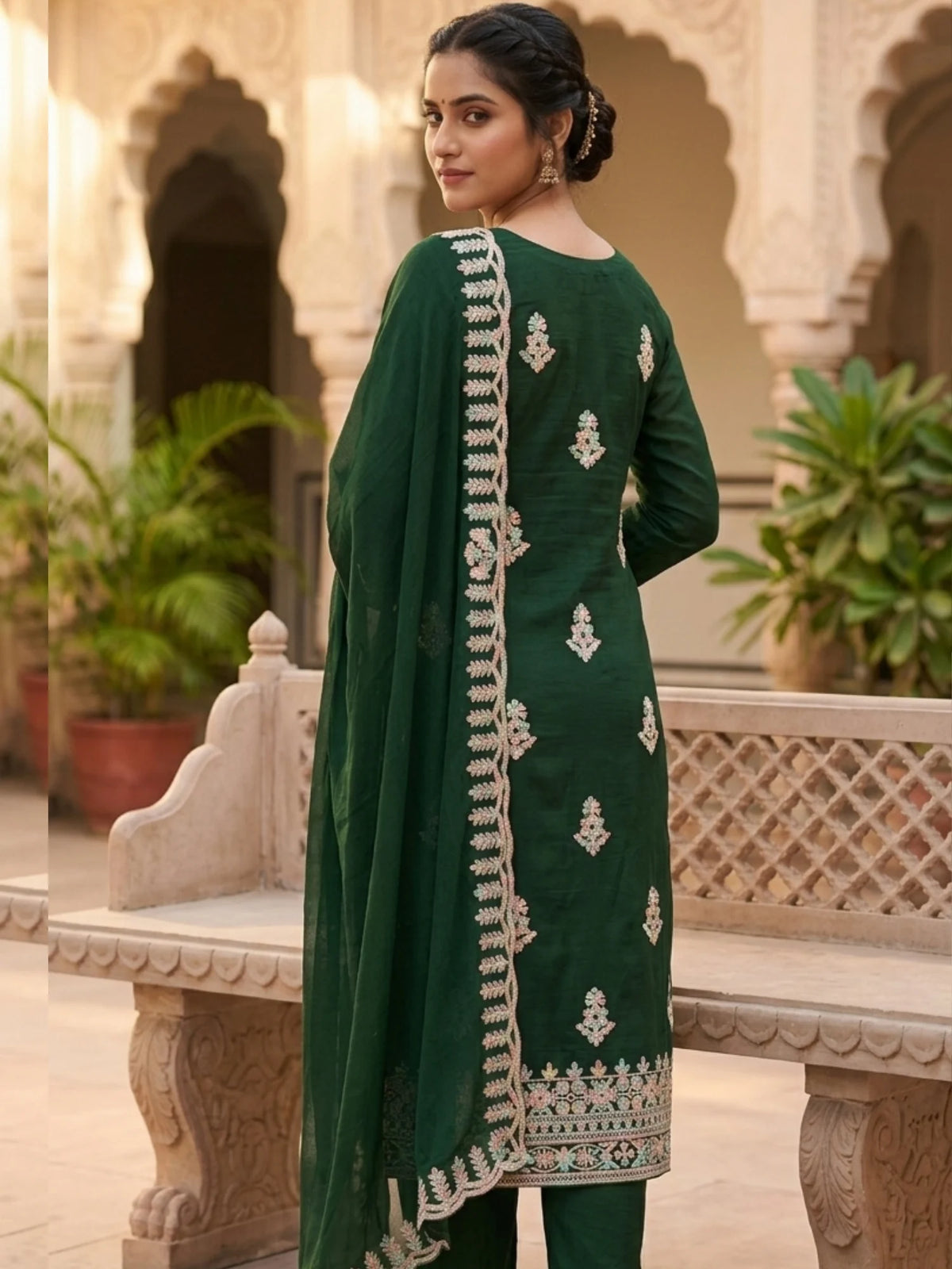 Dark Green Cotton Embroidered Traditional Ethnic Suit Set