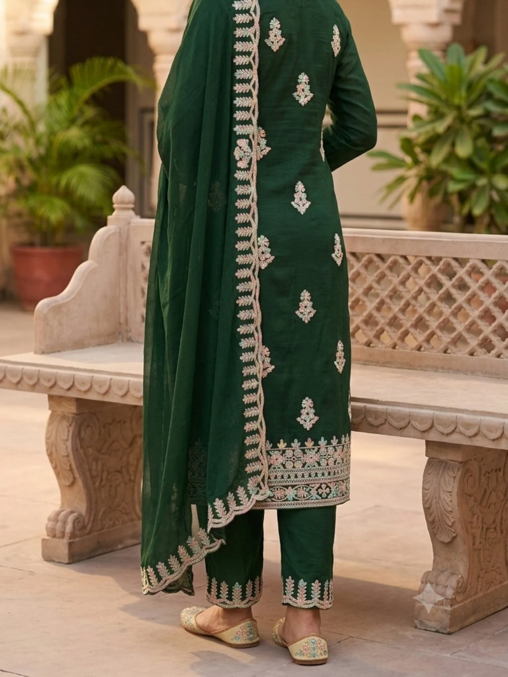Dark Green Cotton Embroidered Traditional Ethnic Suit Set