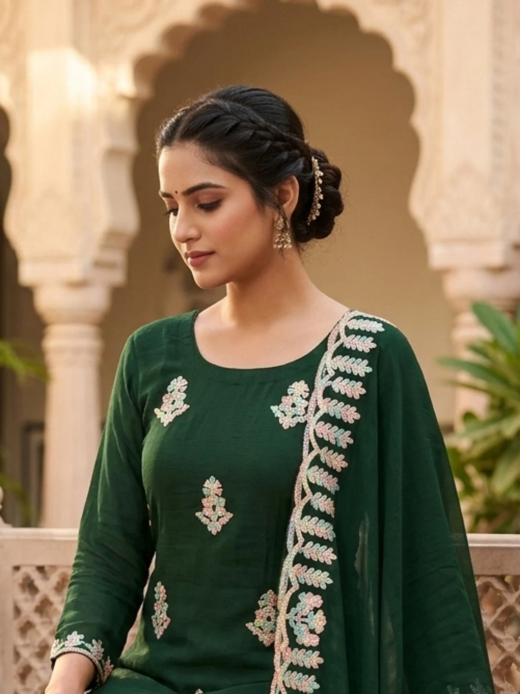 Dark Green Cotton Embroidered Traditional Ethnic Suit Set