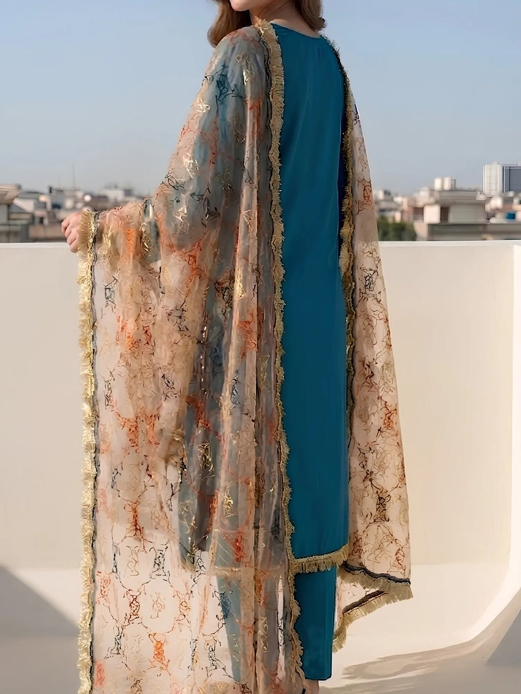 Teal Blue Silk Embroidered Ethnic Suit Set