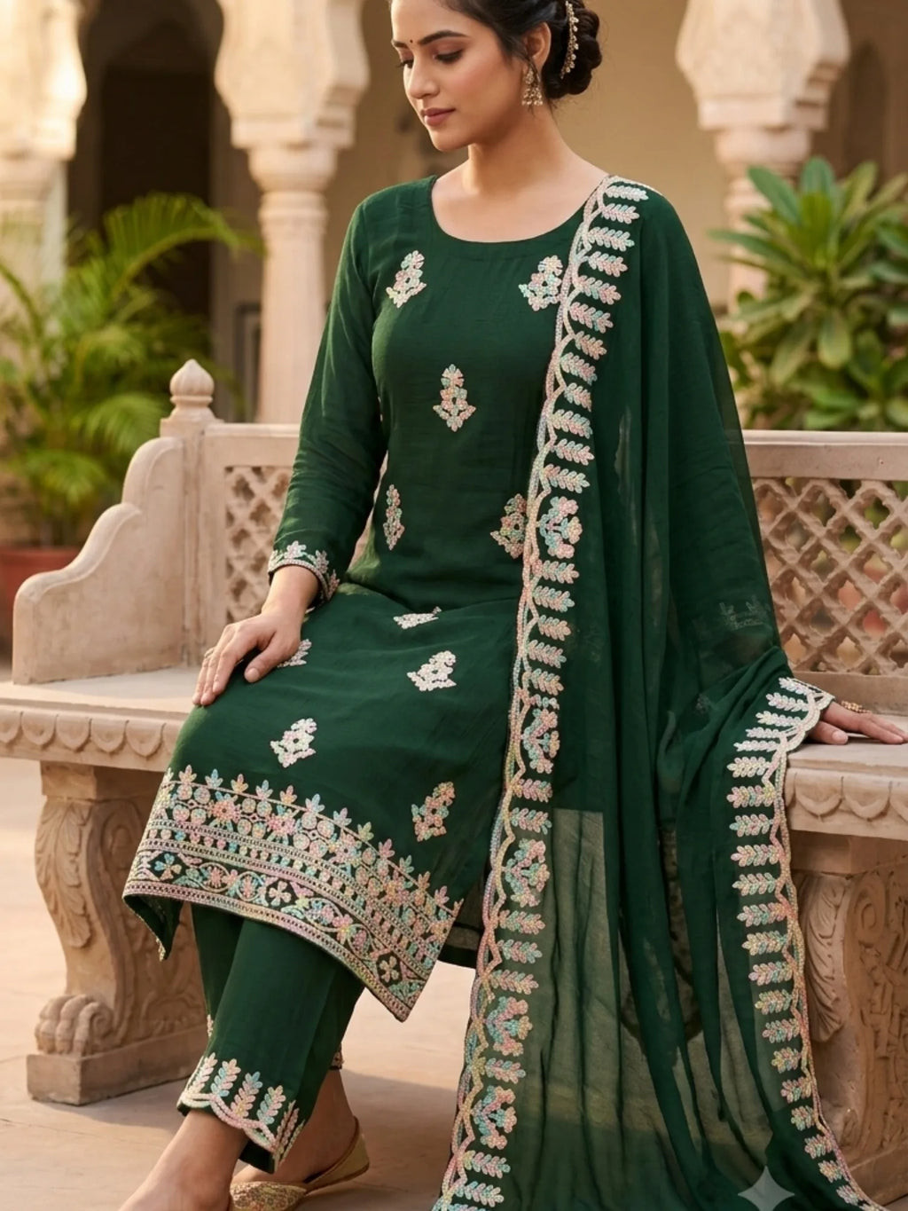 Dark Green Cotton Embroidered Traditional Ethnic Suit Set