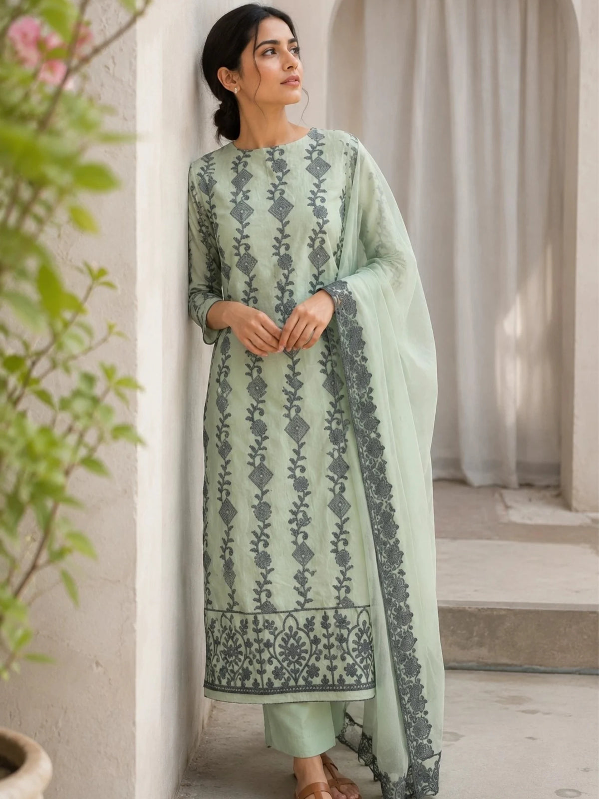 Mint Green Cotton Floral Ethnic Suit Set
