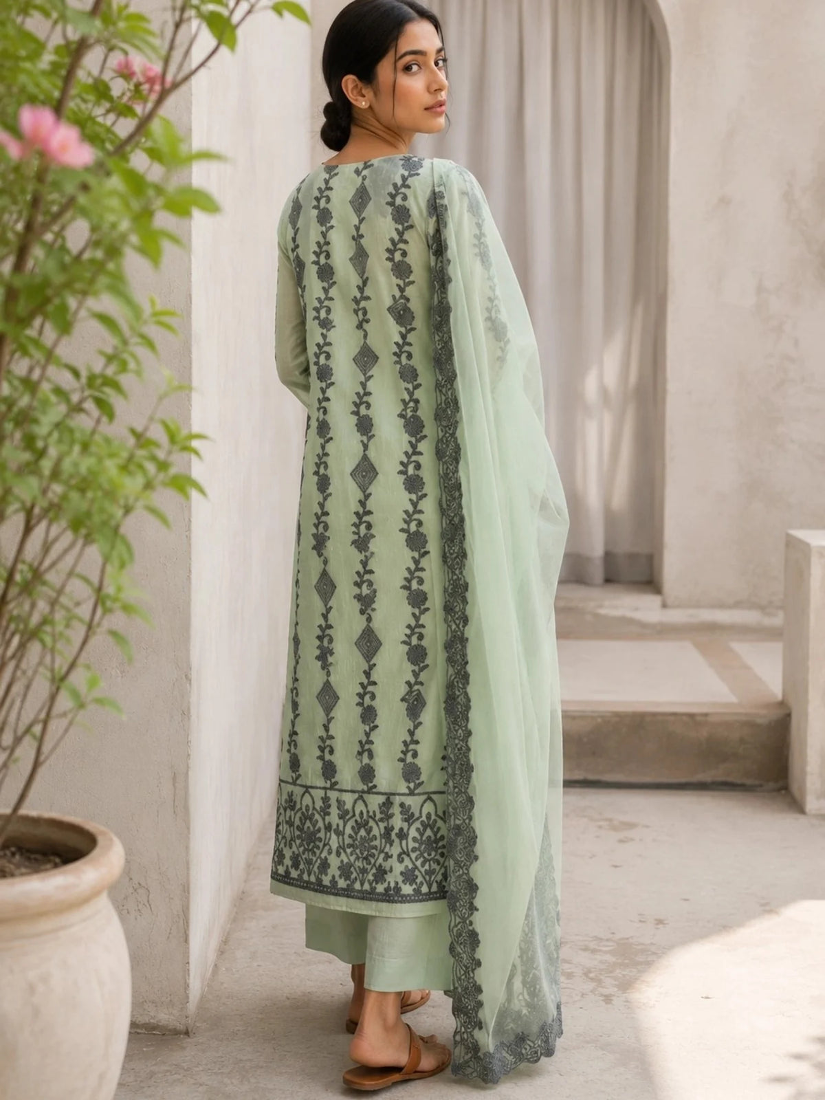 Mint Green Cotton Floral Ethnic Suit Set