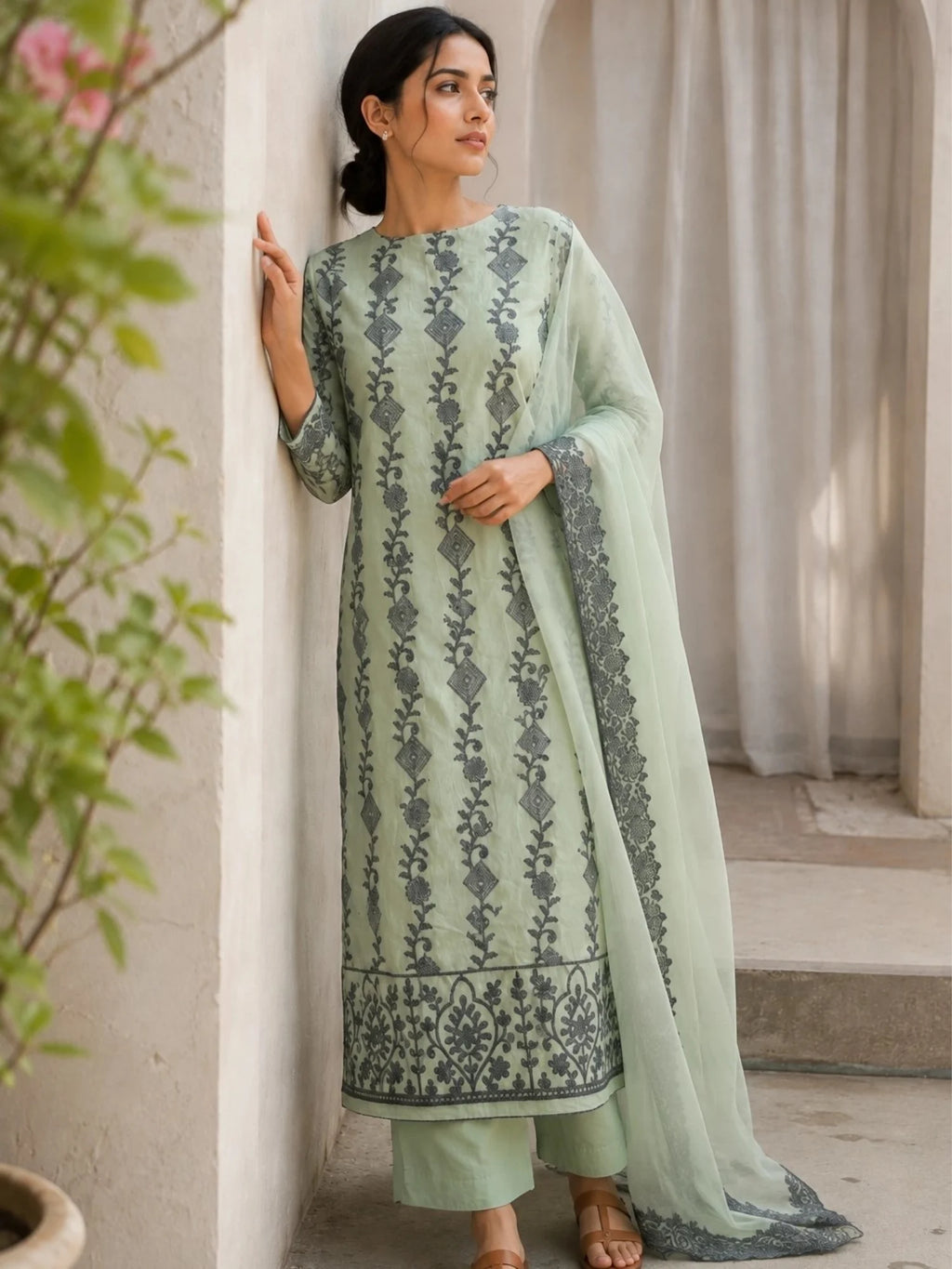 Mint Green Cotton Floral Ethnic Suit Set
