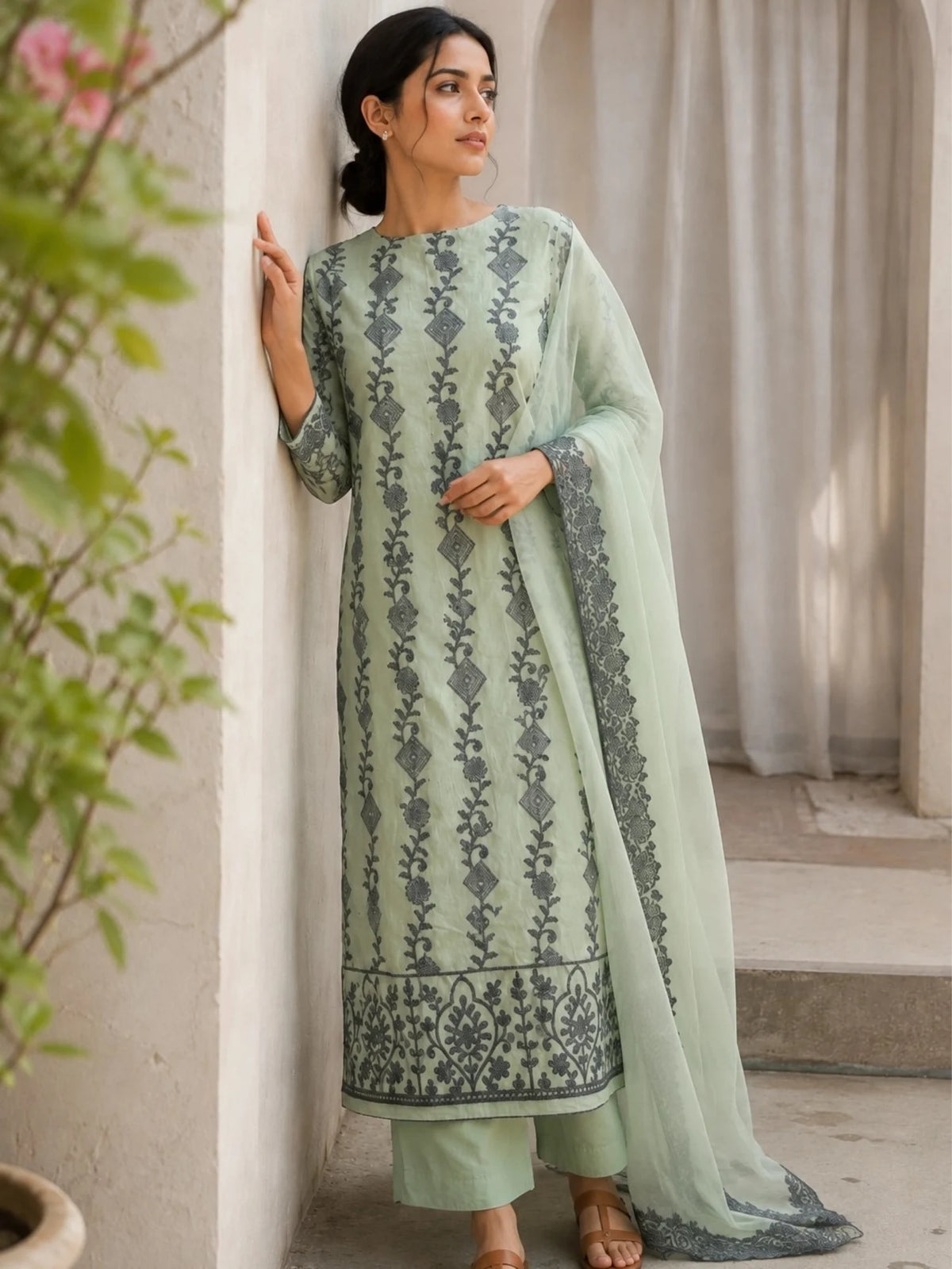 Mint Green Cotton Floral Ethnic Suit Set