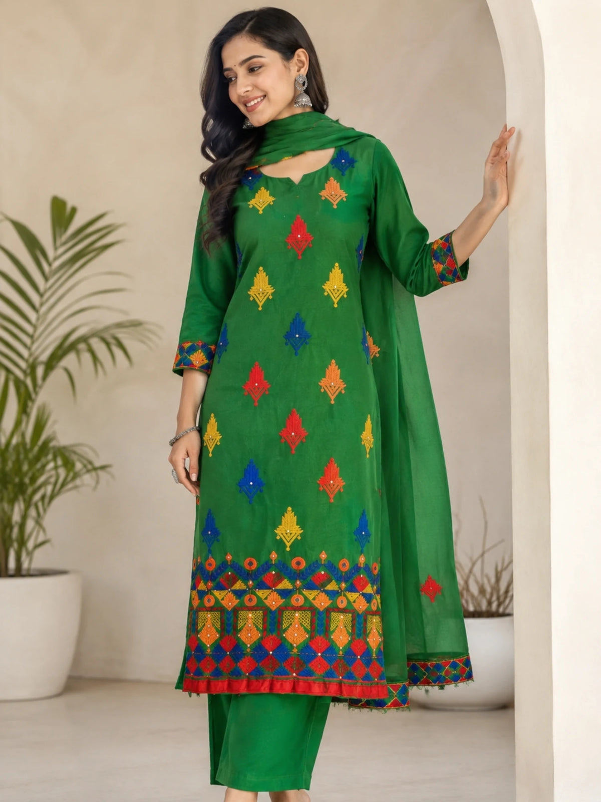 Green Cotton Phulkari Print Kurta Pant Set