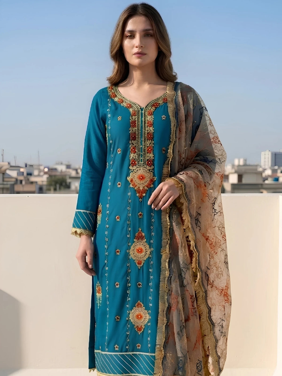 Teal Blue Silk Embroidered Ethnic Suit Set