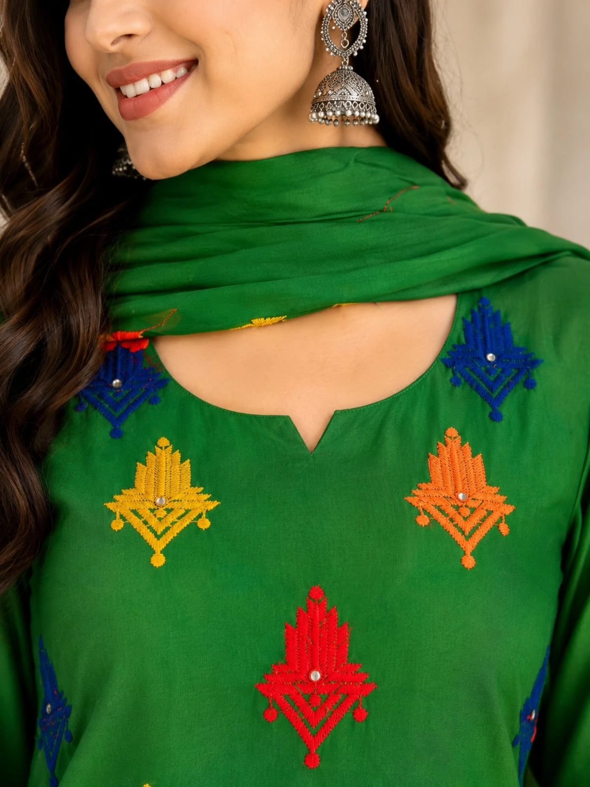 Green Cotton Phulkari Print Kurta Pant Set