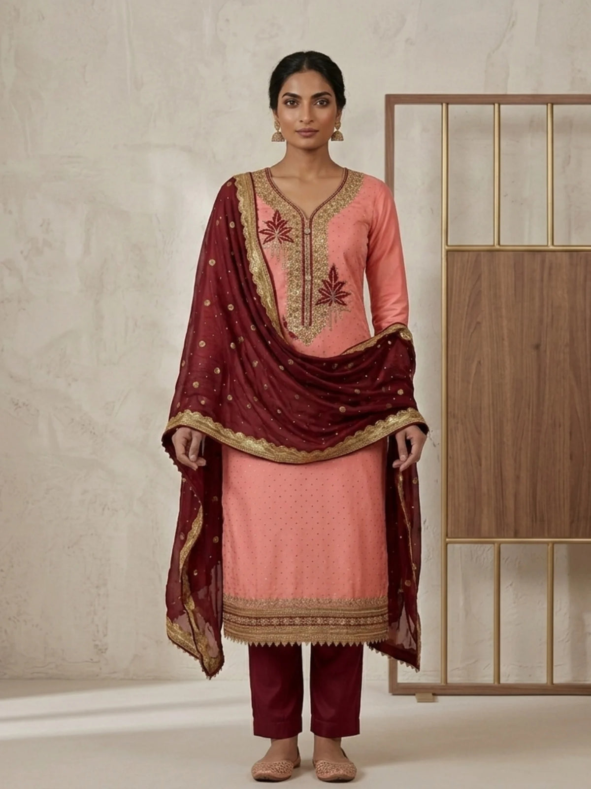 Peach Silk Blend Embroidered Ethnic Suit Set
