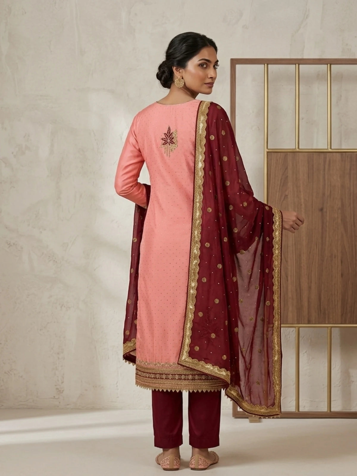 Peach Silk Blend Embroidered Ethnic Suit Set