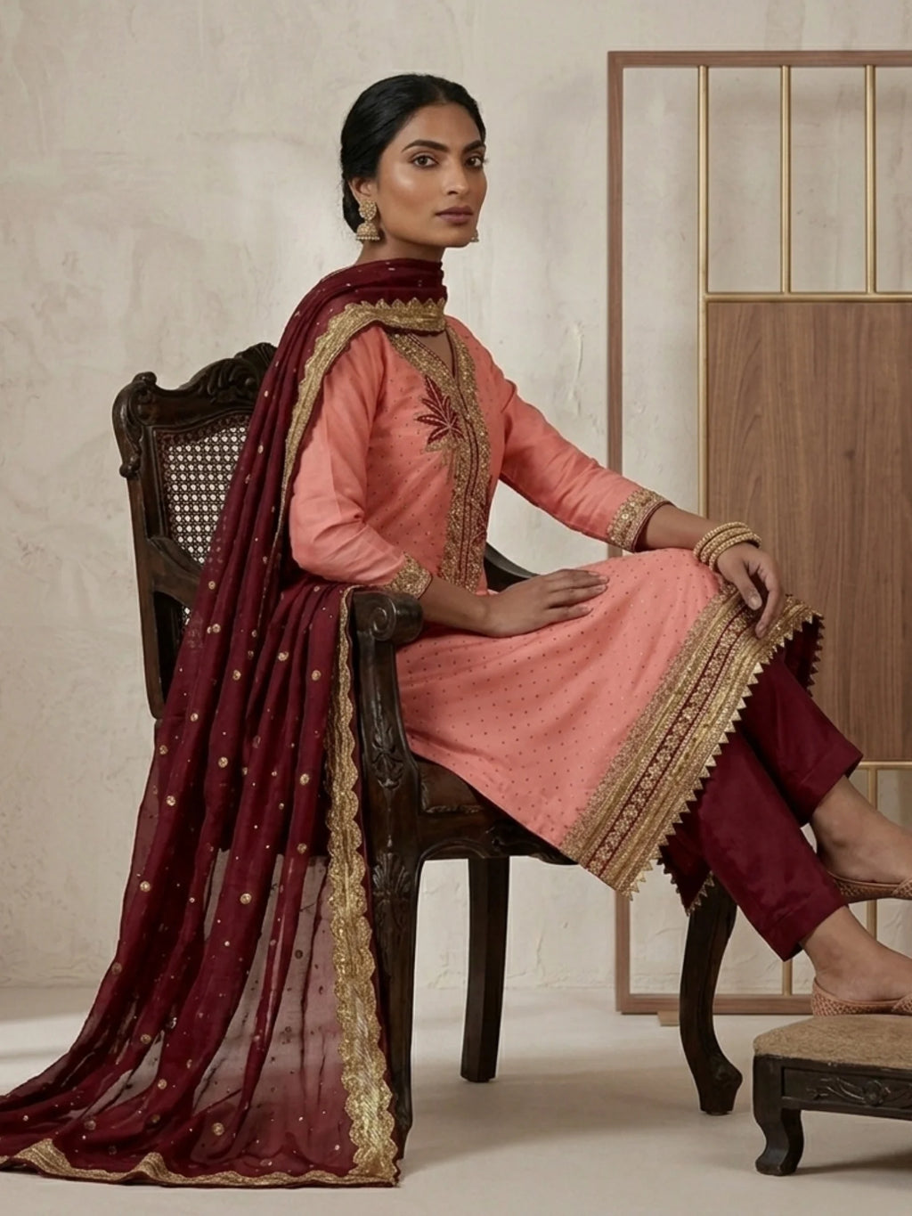 Peach Silk Blend Embroidered Ethnic Suit Set