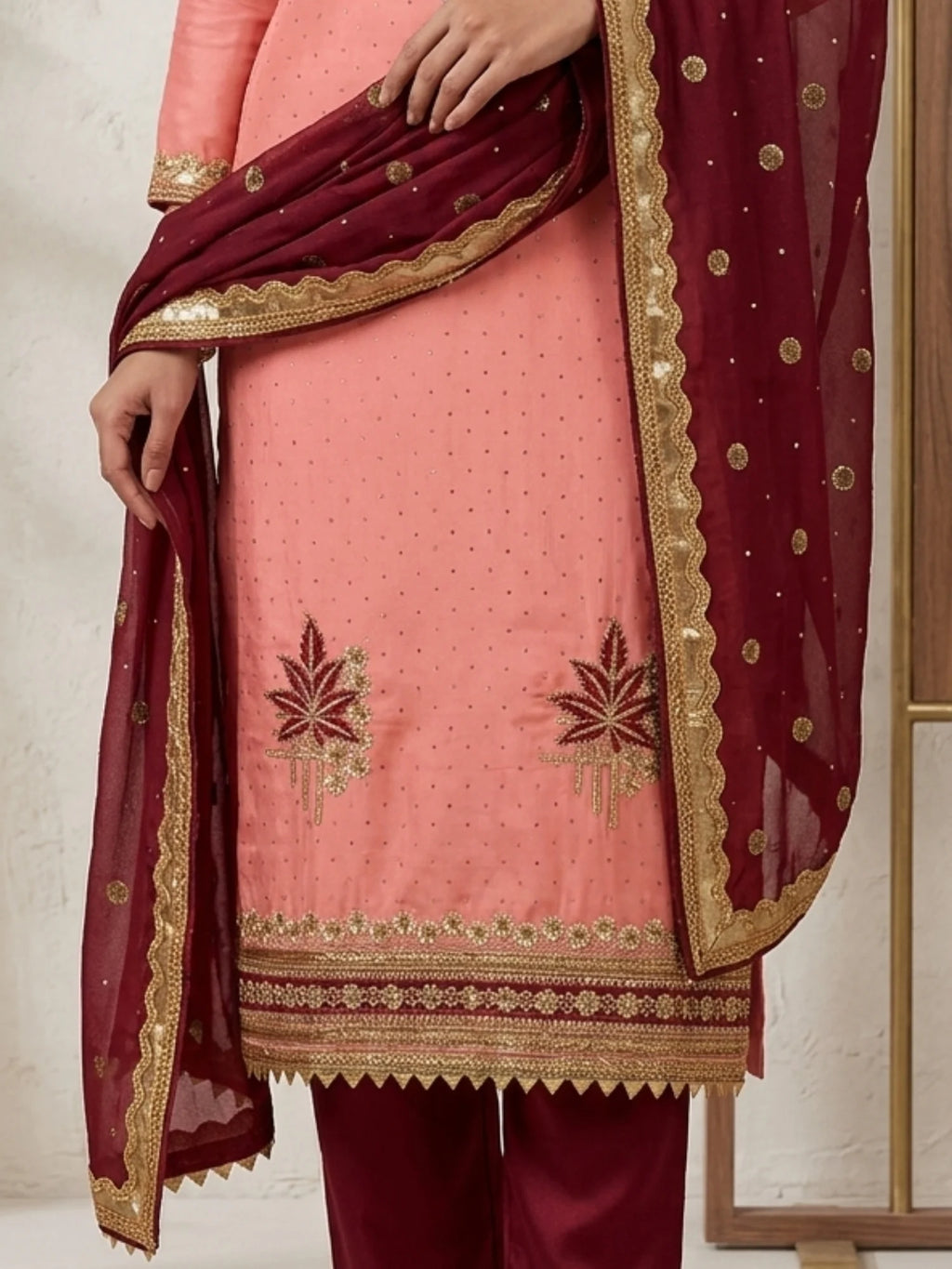 Peach Silk Blend Embroidered Ethnic Suit Set