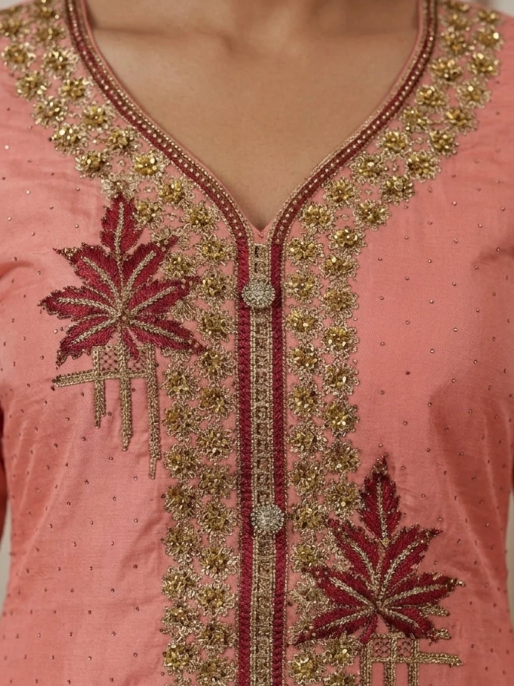 Peach Silk Blend Embroidered Ethnic Suit Set