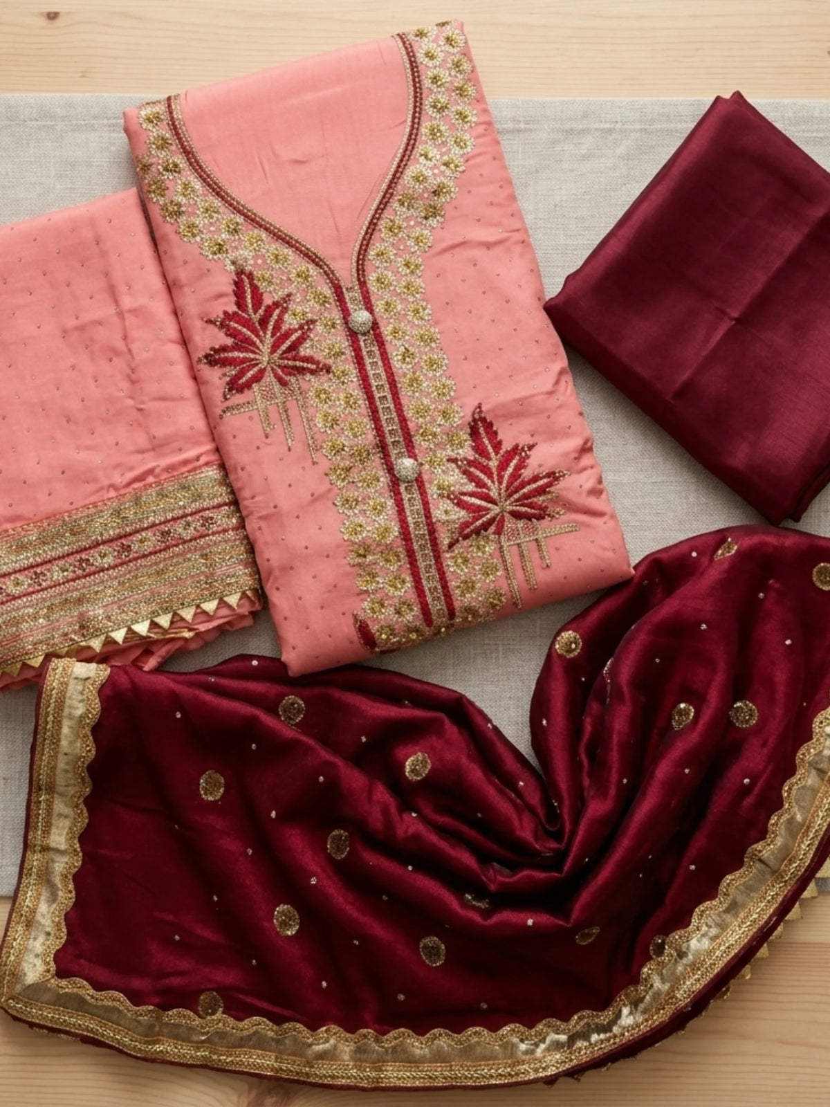 Peach Silk Blend Embroidered Ethnic Suit Set
