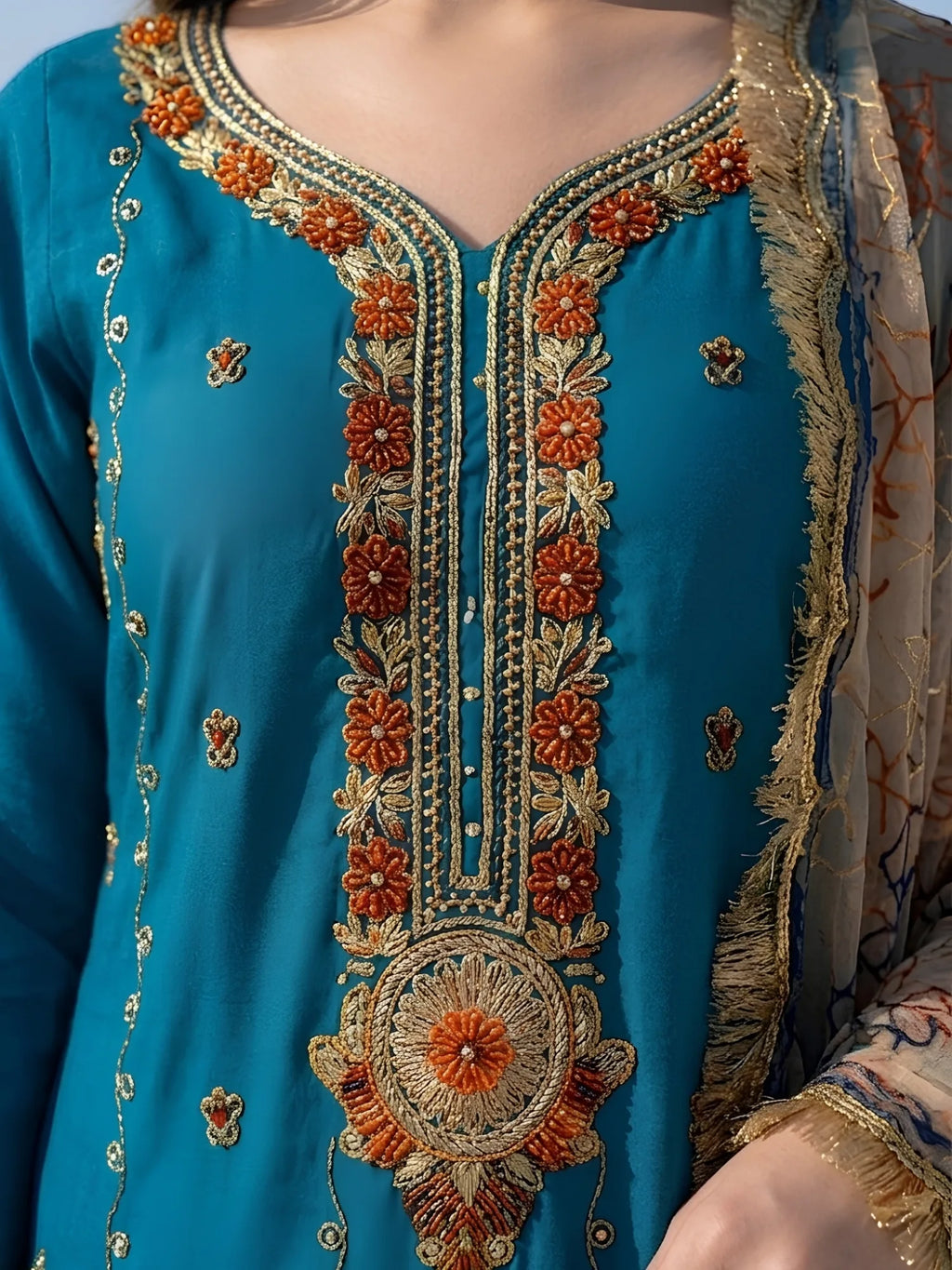 Teal Blue Silk Embroidered Ethnic Suit Set