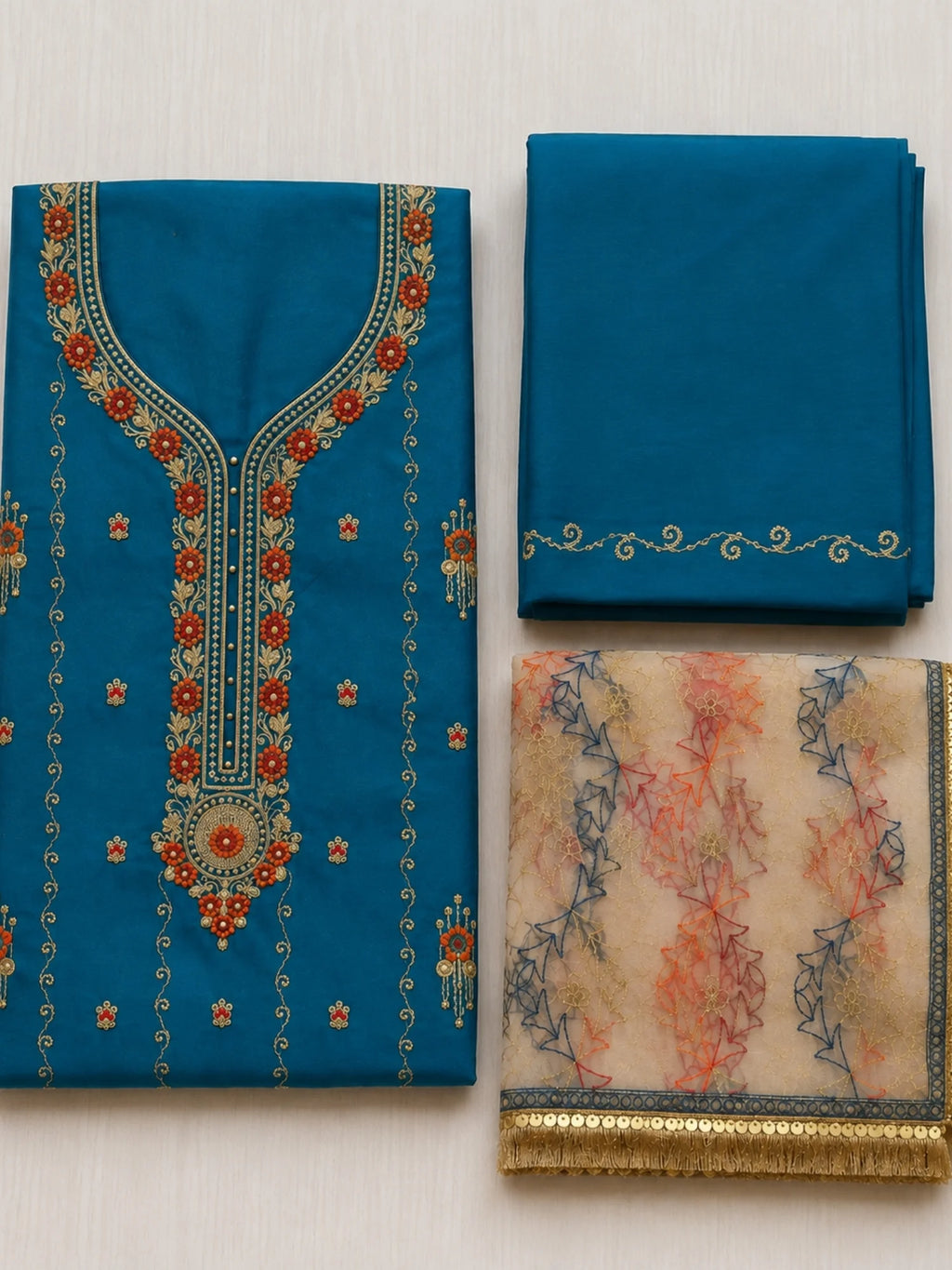 Teal Blue Silk Embroidered Ethnic Suit Set