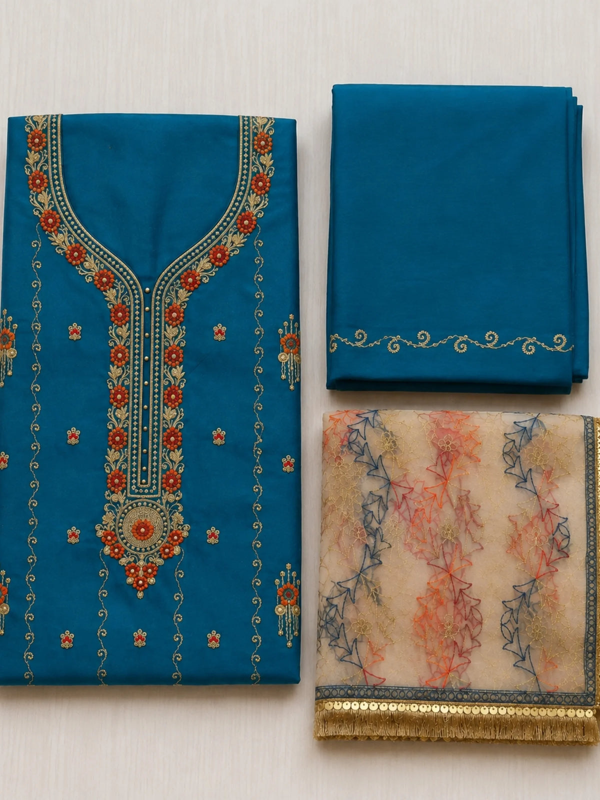 Teal Blue Silk Embroidered Ethnic Suit Set