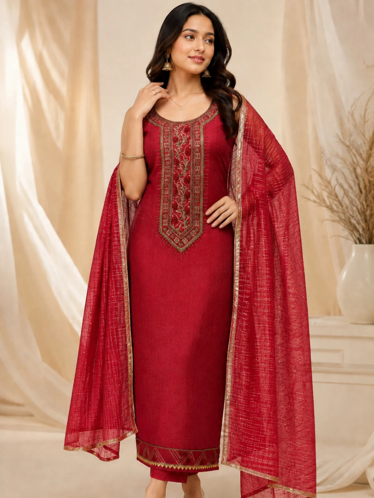 Red Satin Embroidered Kurta Set