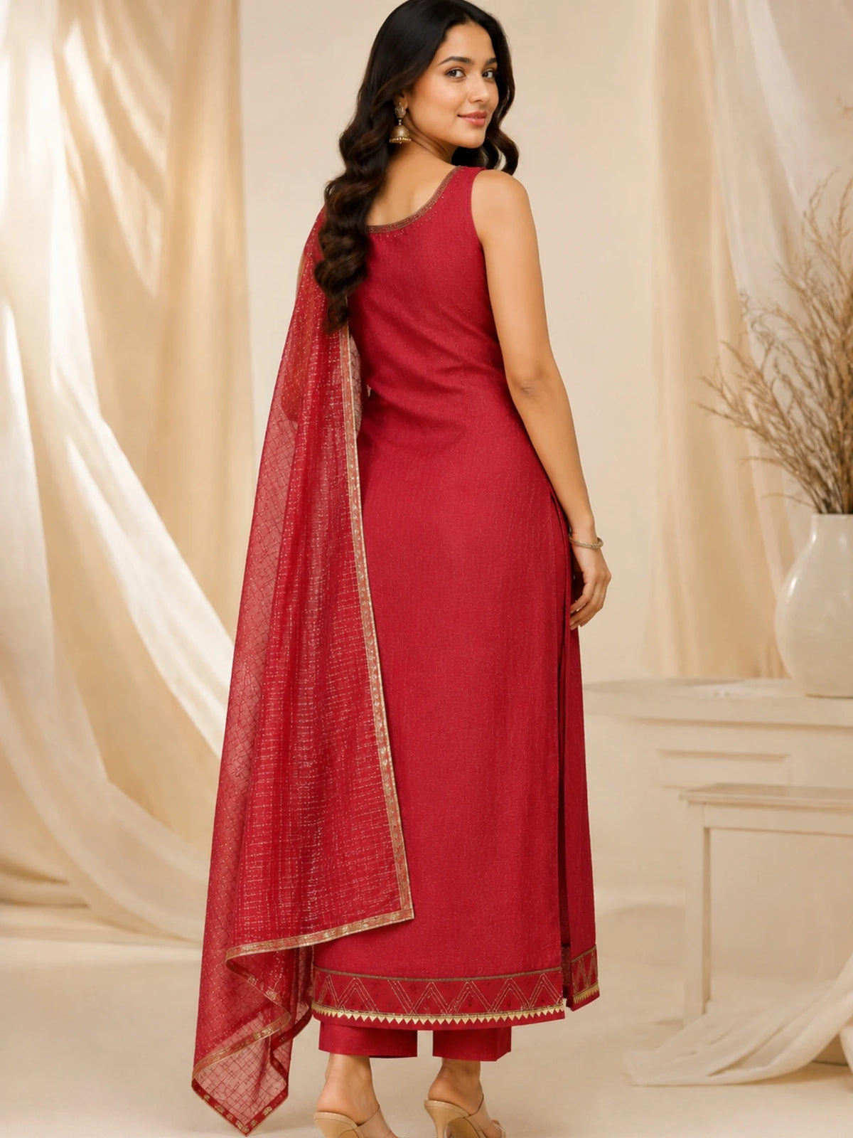 Red Satin Embroidered Kurta Set
