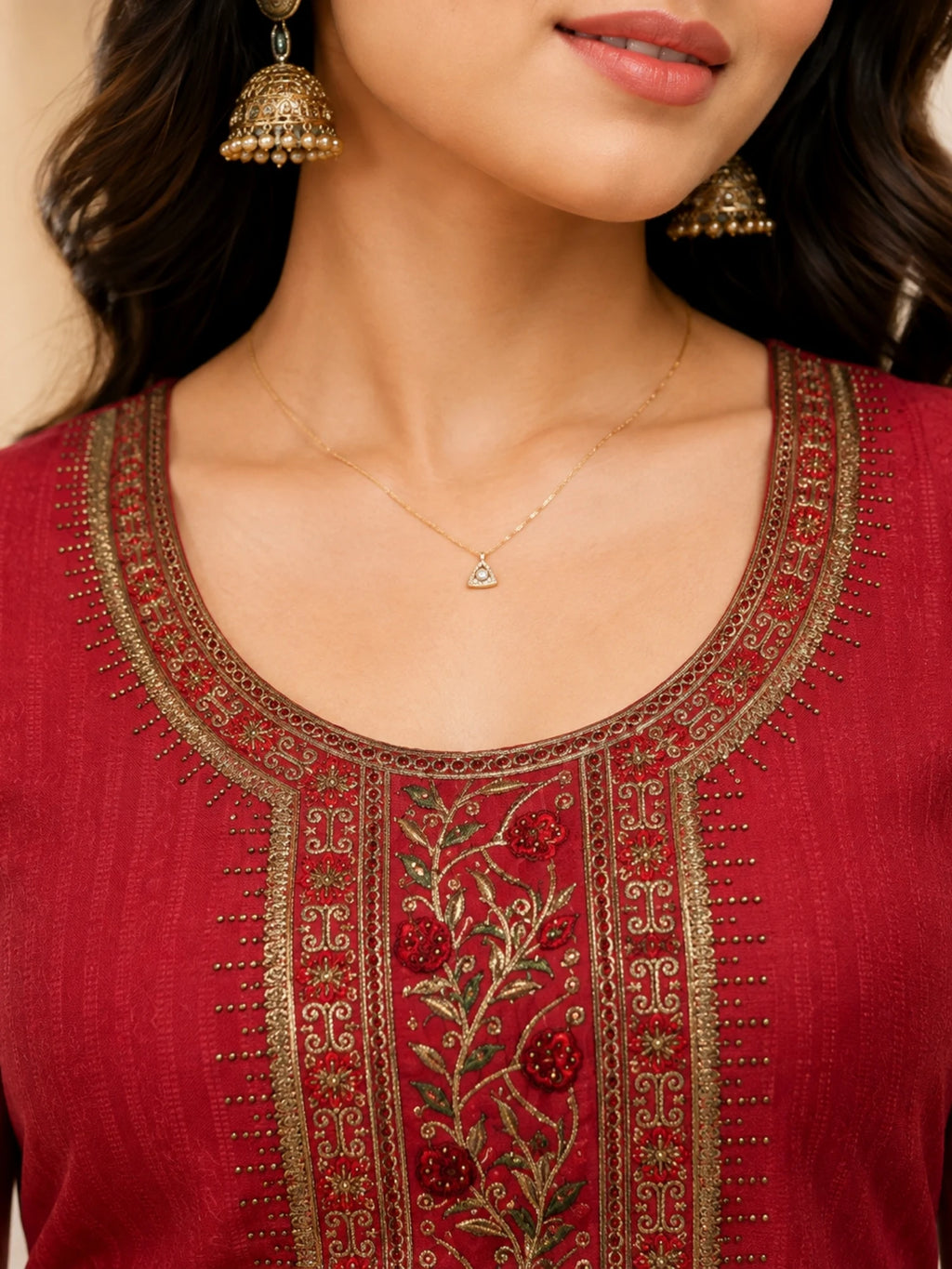 Red Satin Embroidered Kurta Set