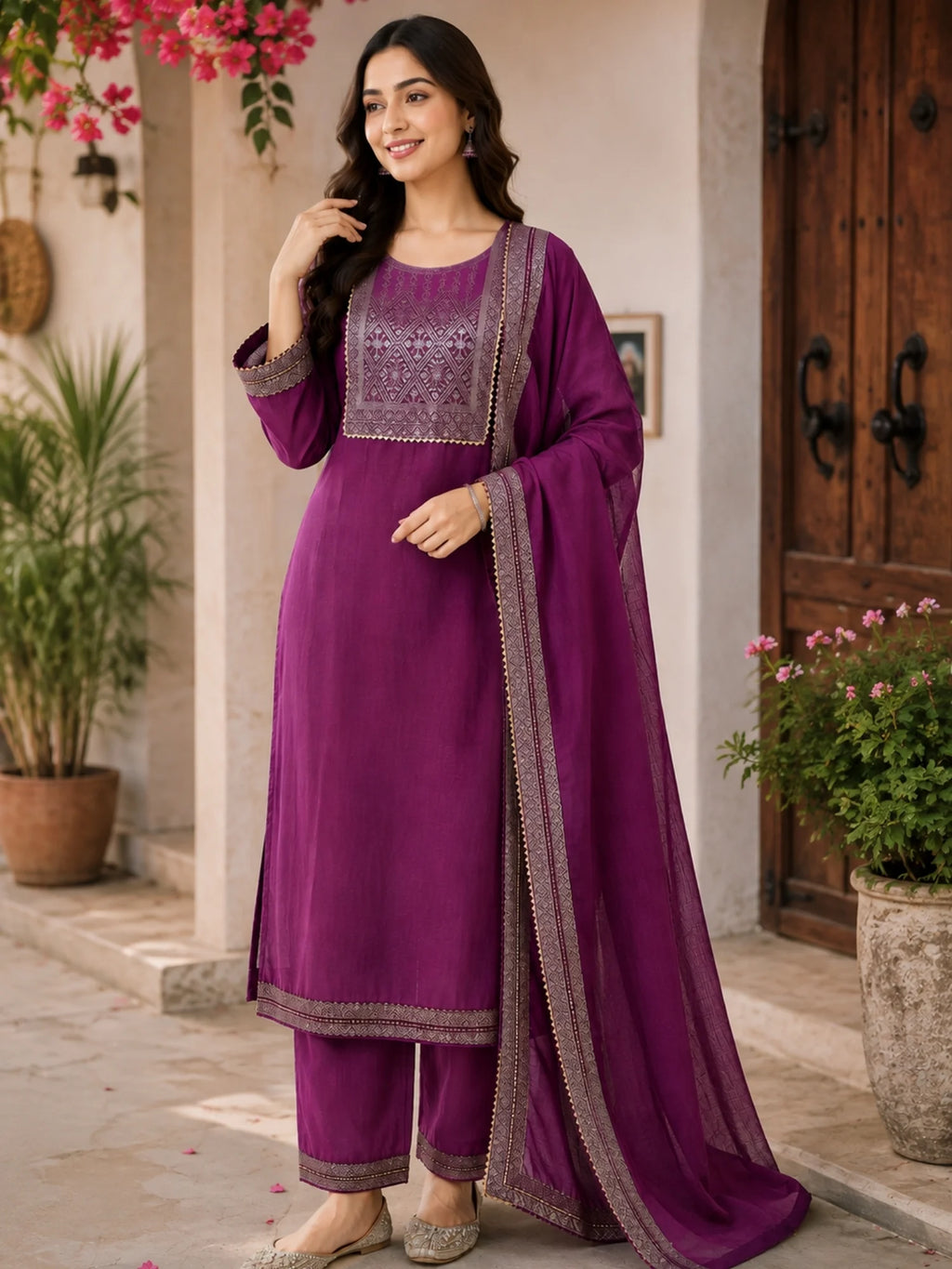 Woman wearing a plum purple suit with embellished borders and a matching dupatta outdoors.