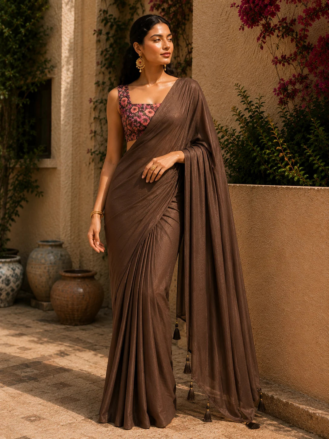 Brown Crepe Saree for Women | Solid Designer Saree with Floral Blouse