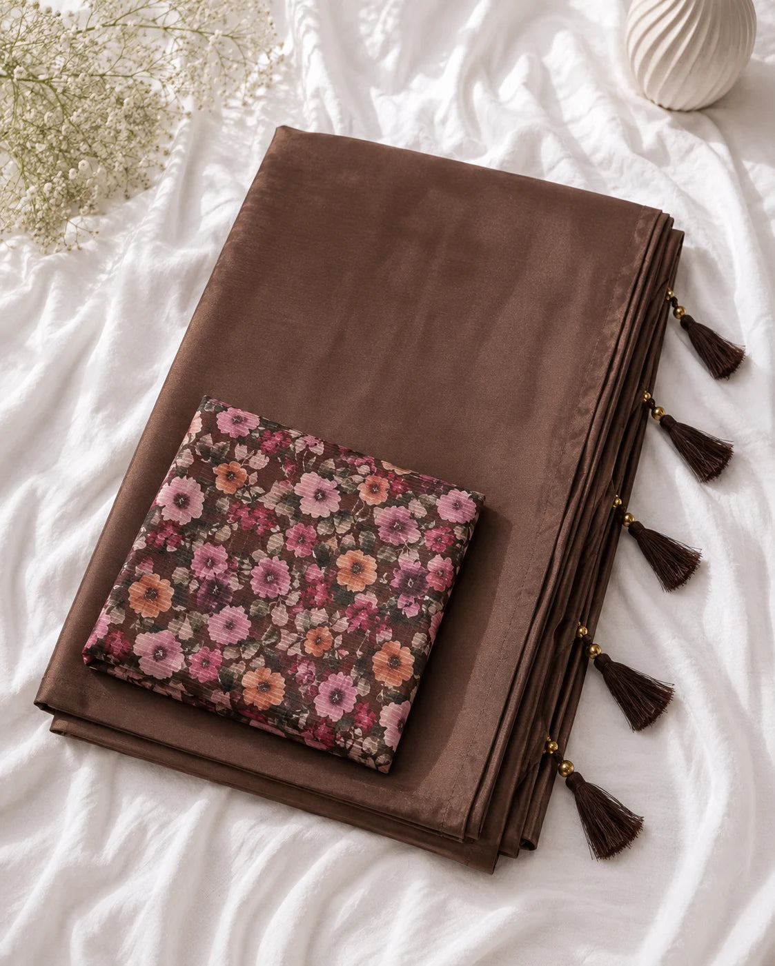 Brown Crepe Saree for Women | Solid Designer Saree with Floral Blouse