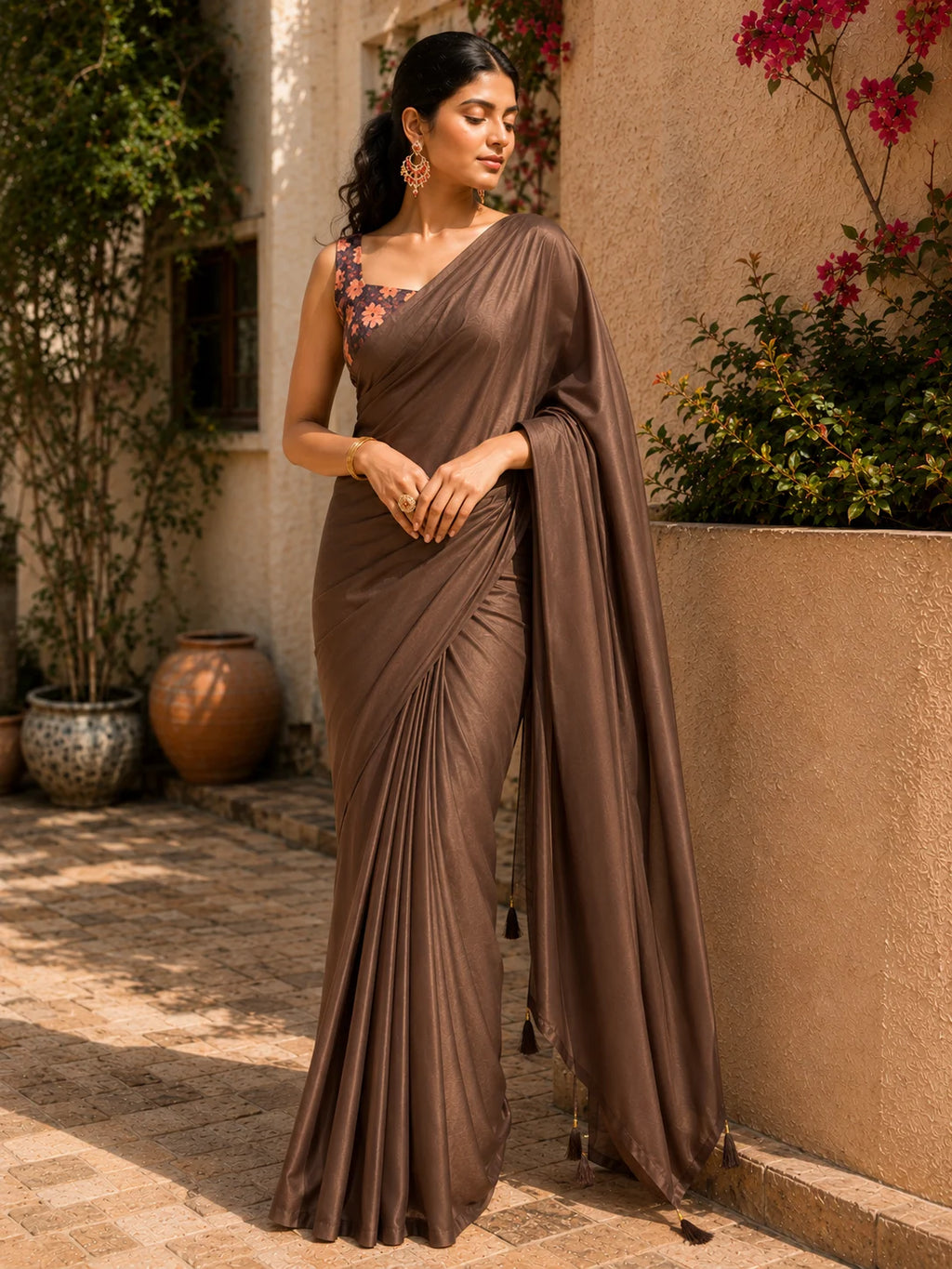 Brown Crepe Saree for Women | Solid Designer Saree with Floral Blouse