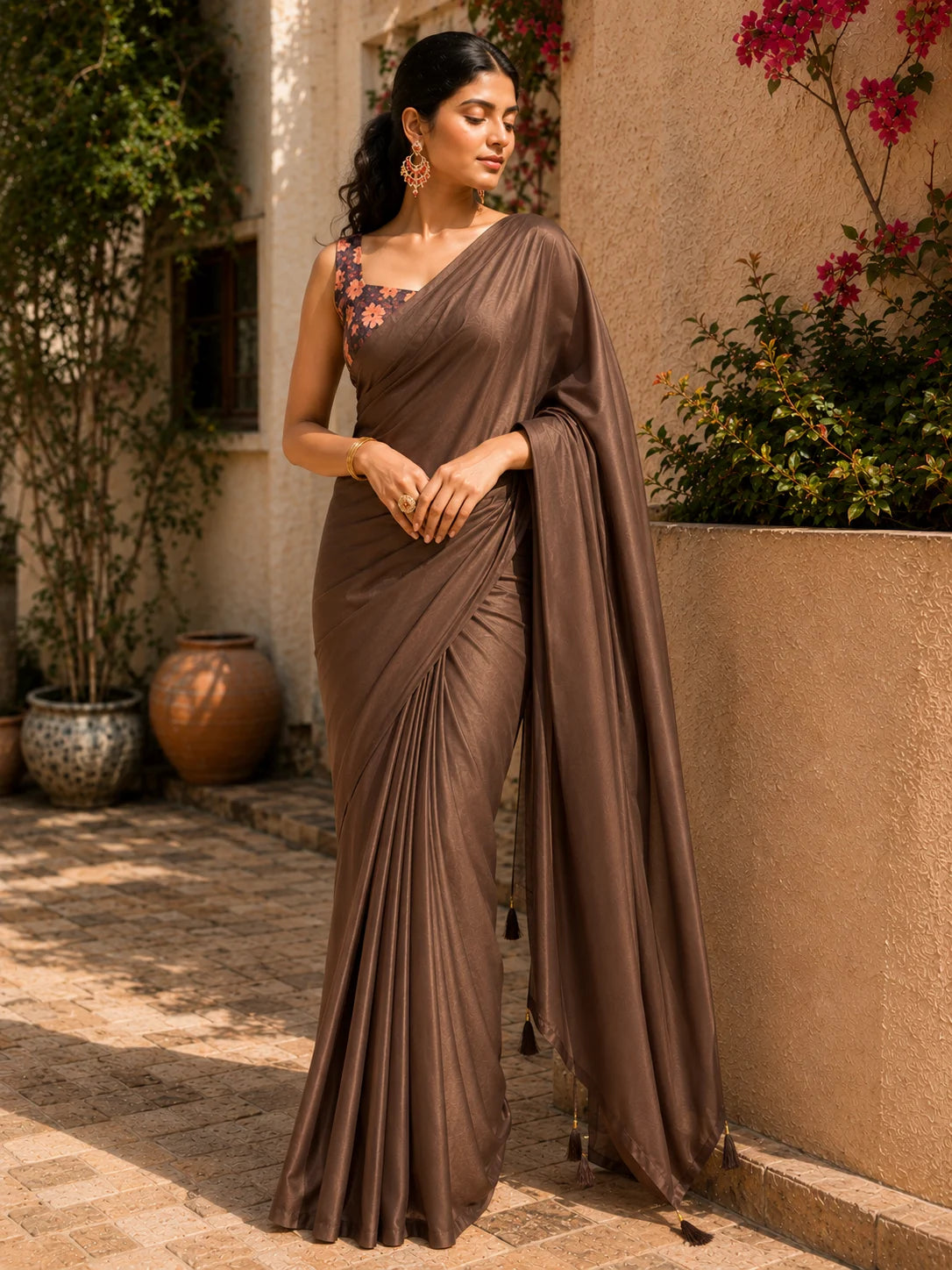 Brown Crepe Saree for Women | Solid Designer Saree with Floral Blouse