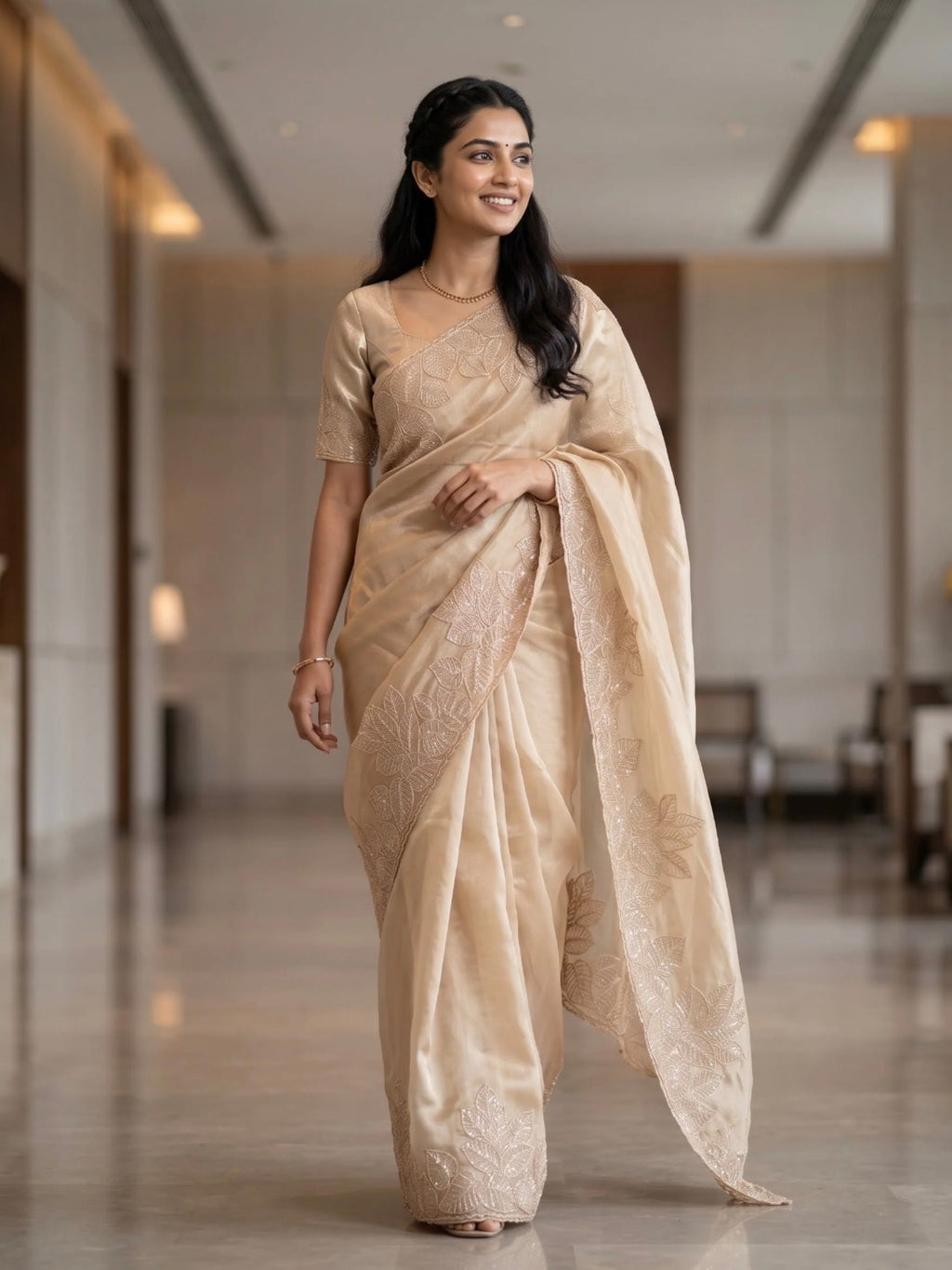 Woman wearing a beige saree with subtle floral embroidery and a matching blouse indoors.