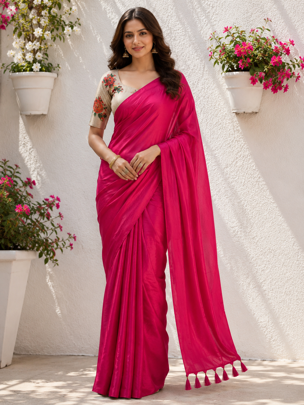 Pink Crepe Saree for Women | Solid Saree with Blouse