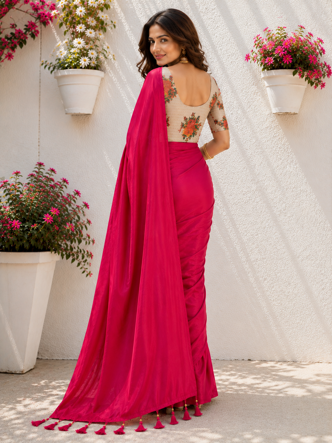 Pink Crepe Saree for Women | Solid Saree with Blouse