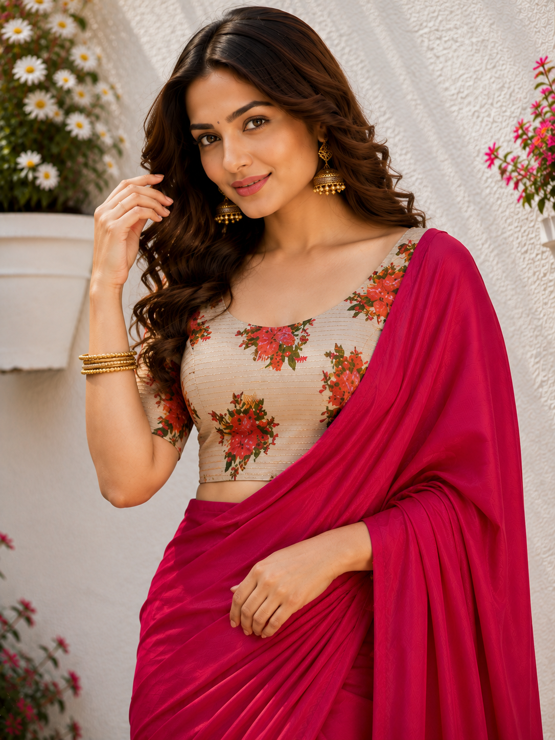 Pink Crepe Saree for Women | Solid Saree with Blouse