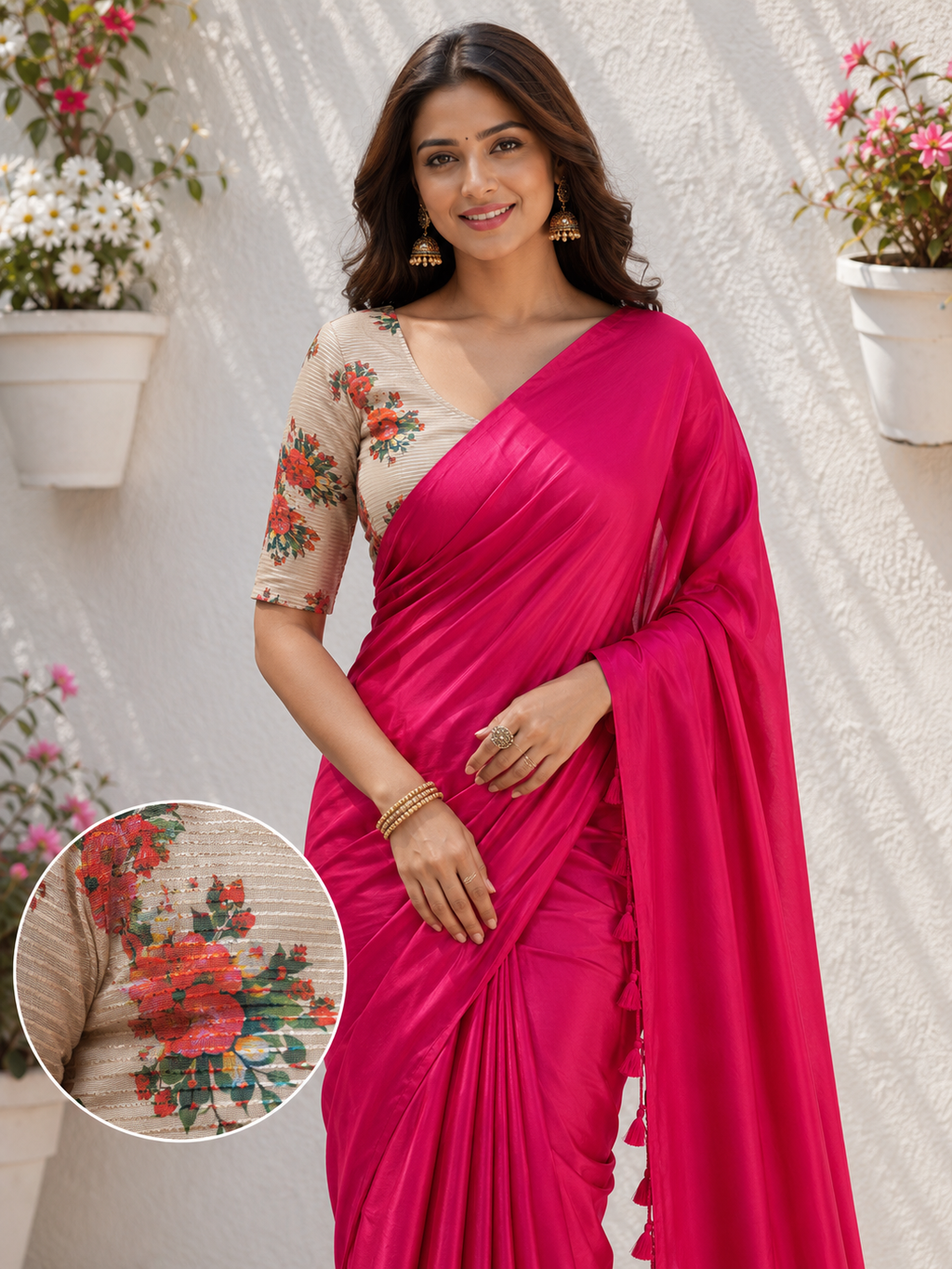 Pink Crepe Saree for Women | Solid Saree with Blouse