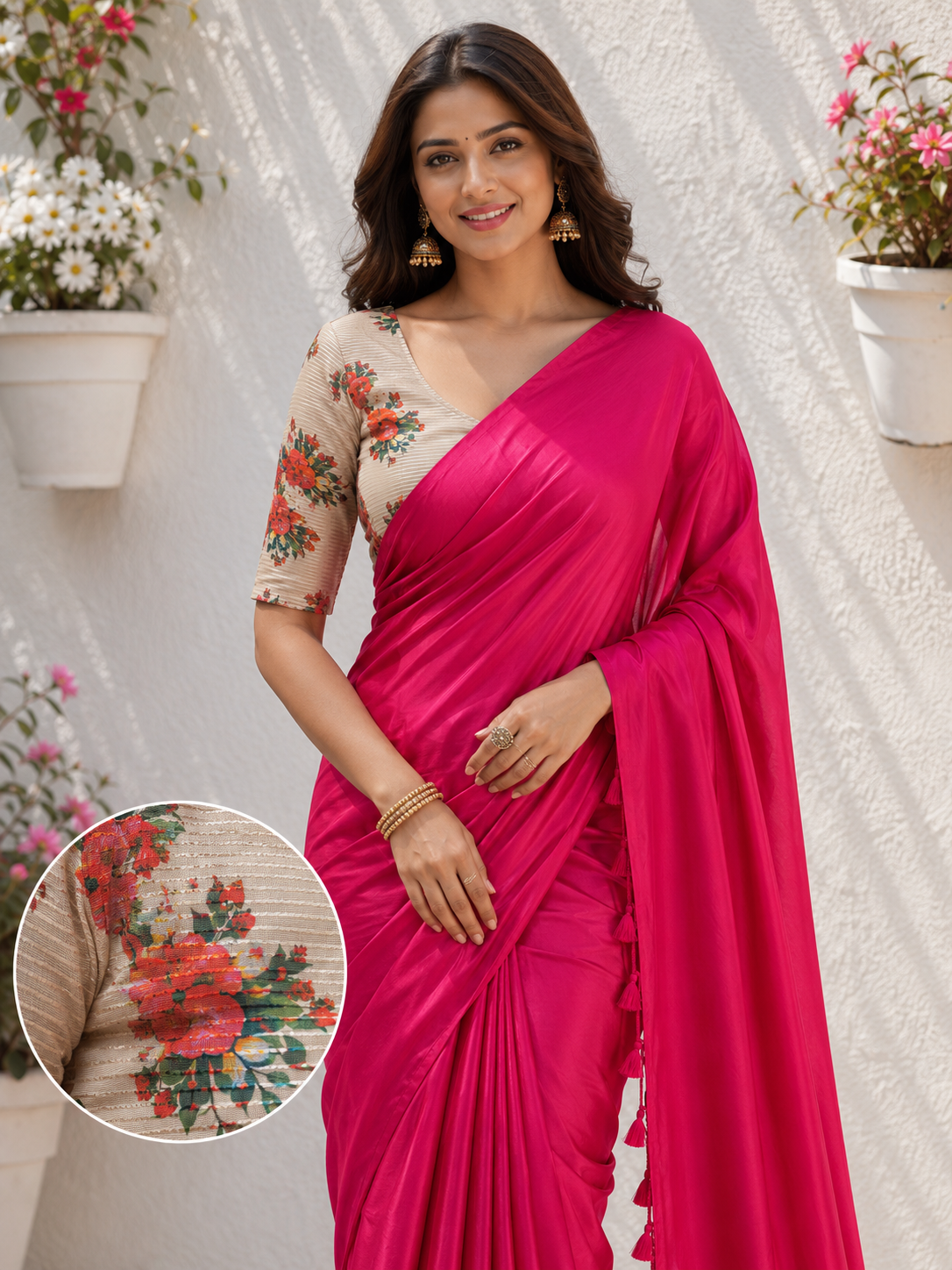 Pink Crepe Saree for Women | Solid Saree with Blouse
