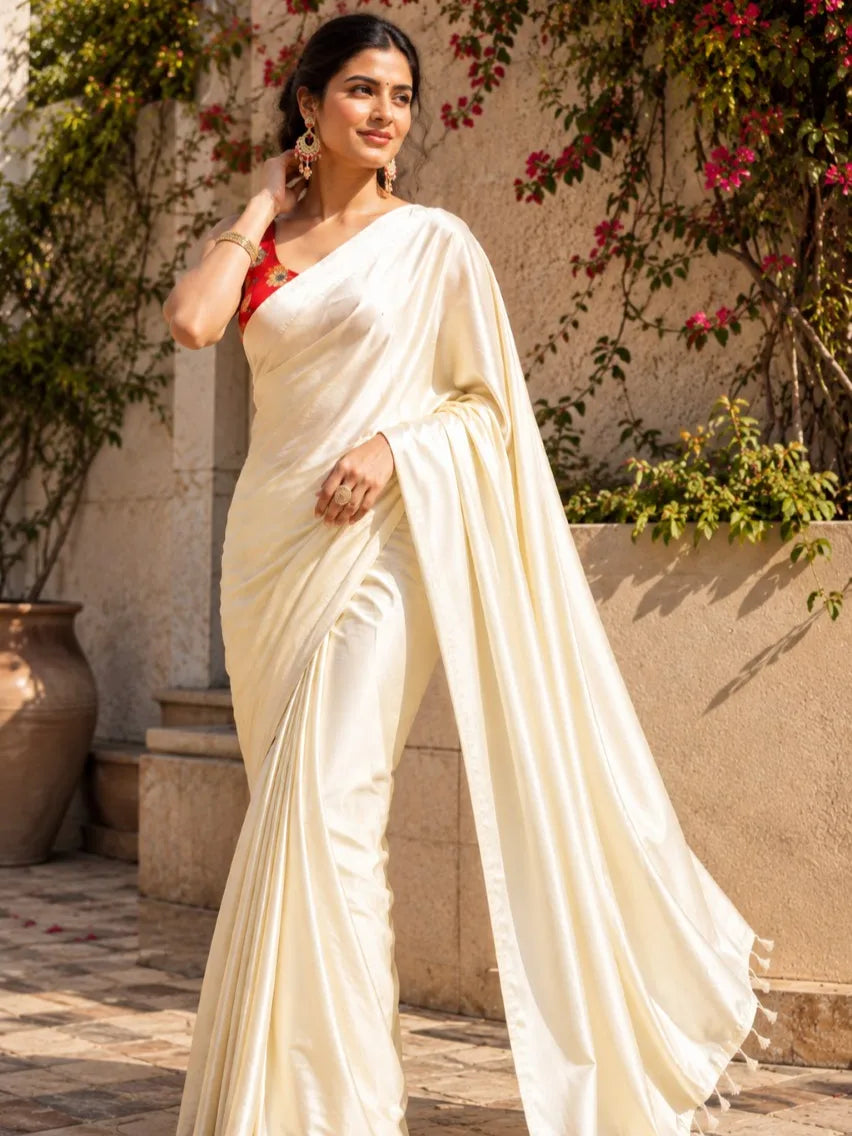 Beige Solid Crepe Saree