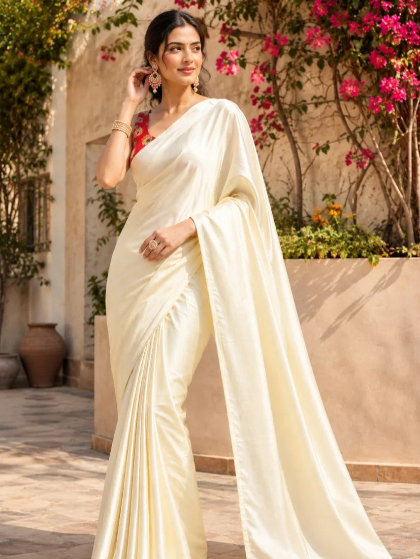 Beige Solid Crepe Saree