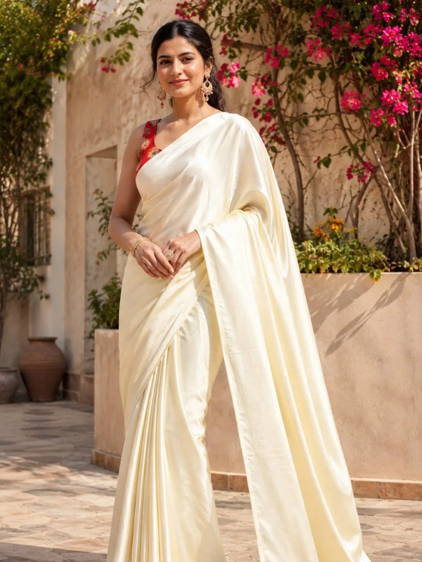 Beige Solid Crepe Saree