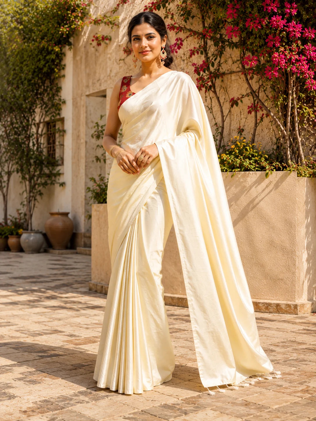 Beige Solid Crepe Saree