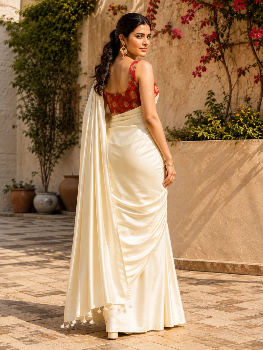 Beige Solid Crepe Saree