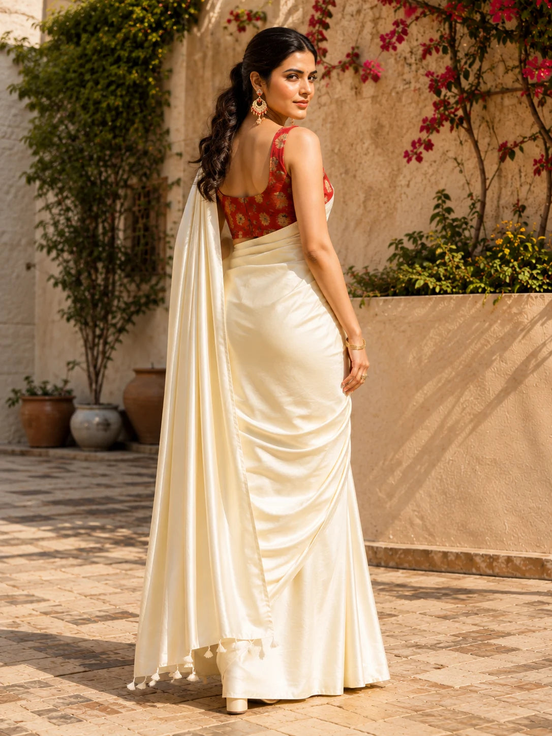 Beige Solid Crepe Saree