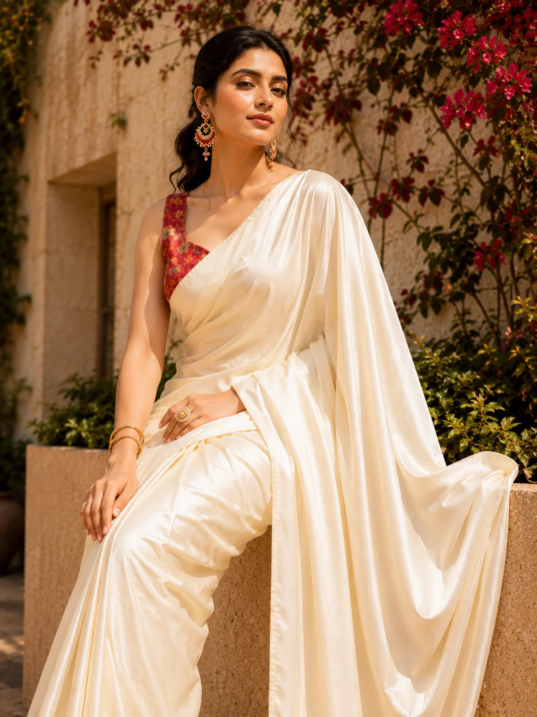Beige Solid Crepe Saree