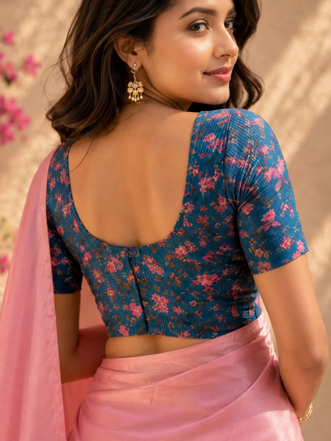 Pink Crepe Saree | Solid Glossy Saree | Blue Floral Blouse