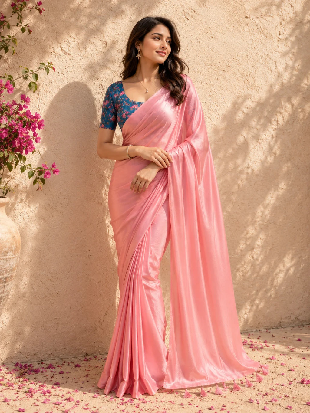 Pink Crepe Saree | Solid Glossy Saree | Blue Floral Blouse